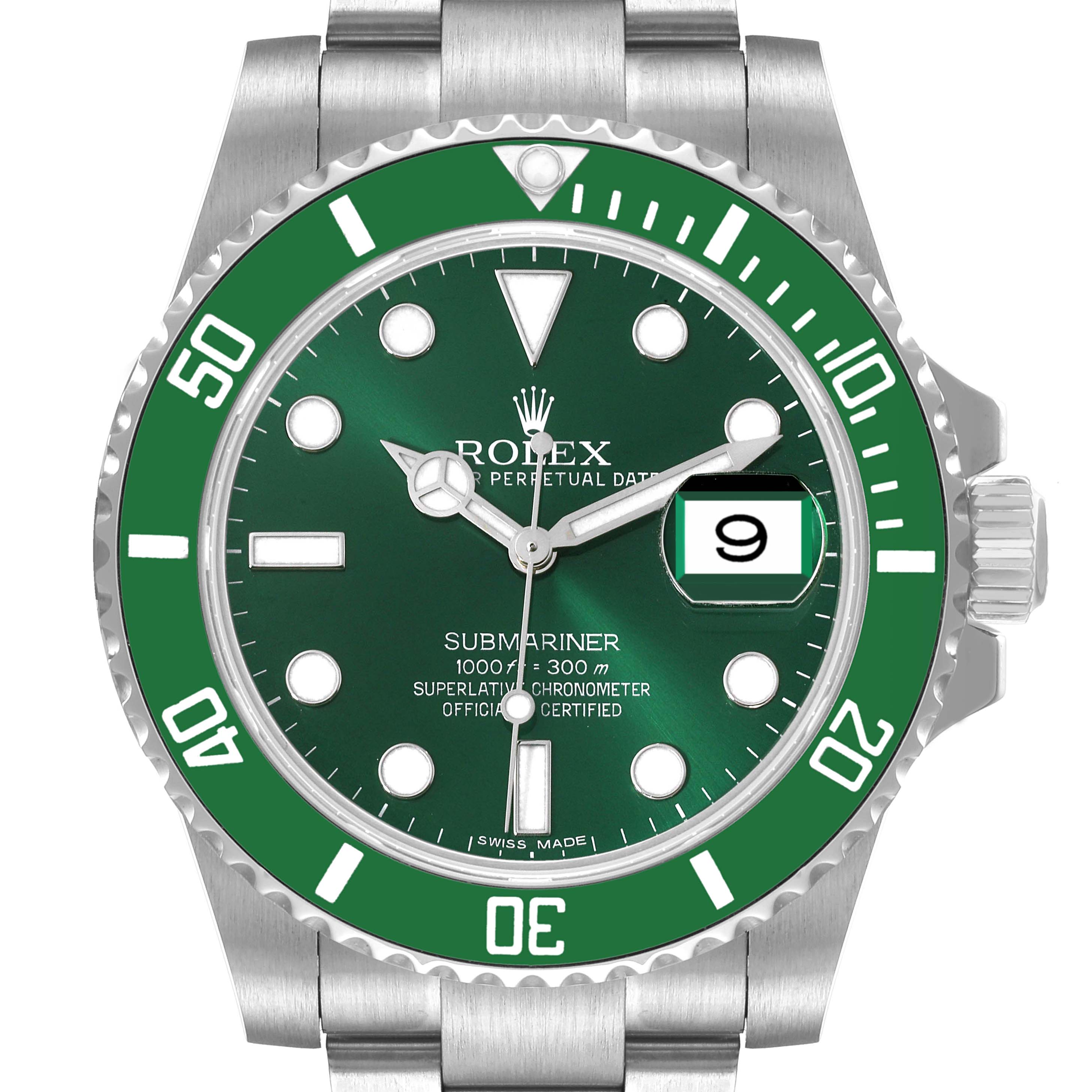 This image shows the front view of a Rolex Submariner 116610LV Men
s Stainless Steel Green Dial 116610LV Men
s Stainless Steel Green Dial watch showcasing its green bezel and dial, date display, and stainless steel bracelet.