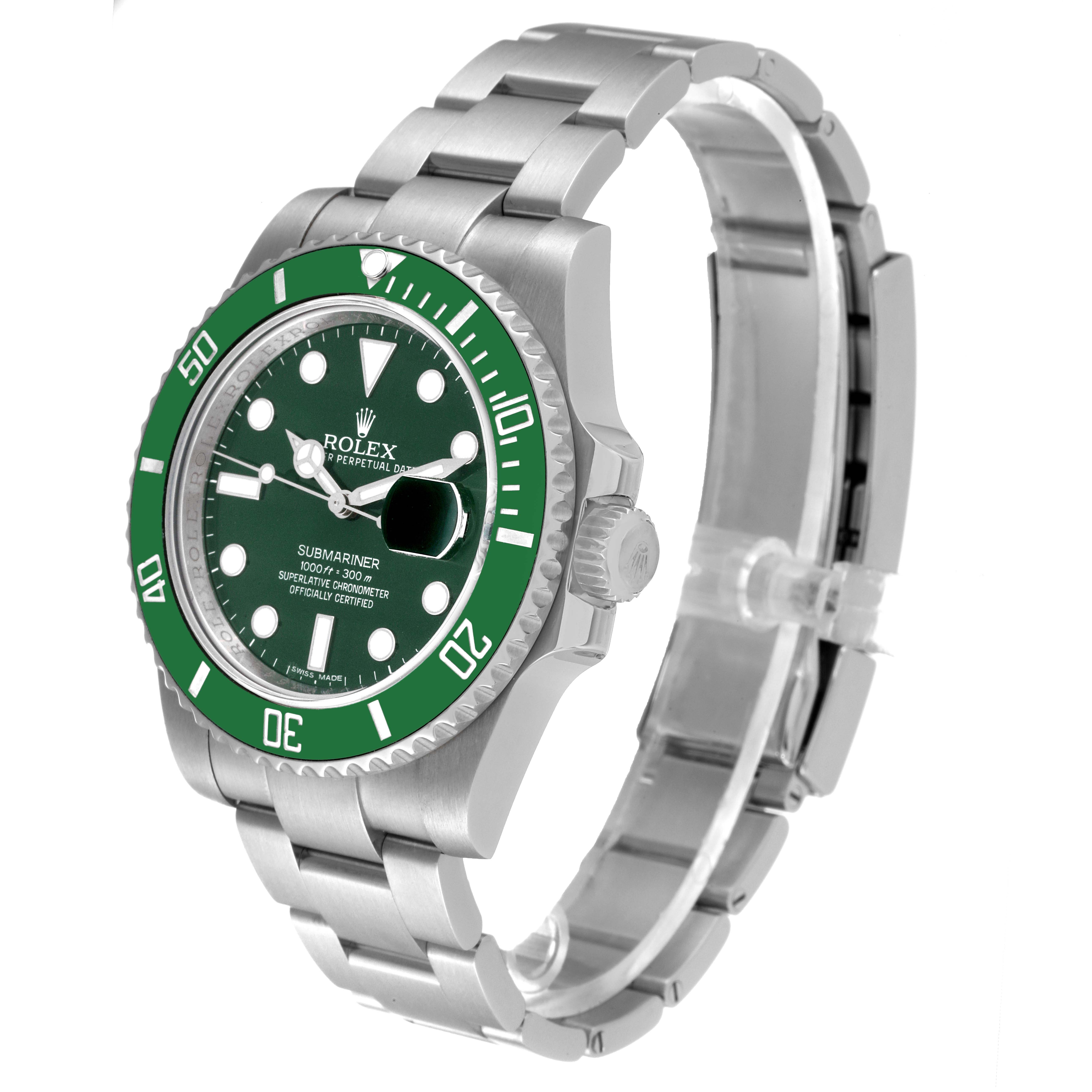 The image shows a side angle view of a Rolex Submariner 116610LV Men
s Stainless Steel Green Dial 116610LV Men
s Stainless Steel Green Dial watch featuring a green bezel and dial, and a stainless steel bracelet.