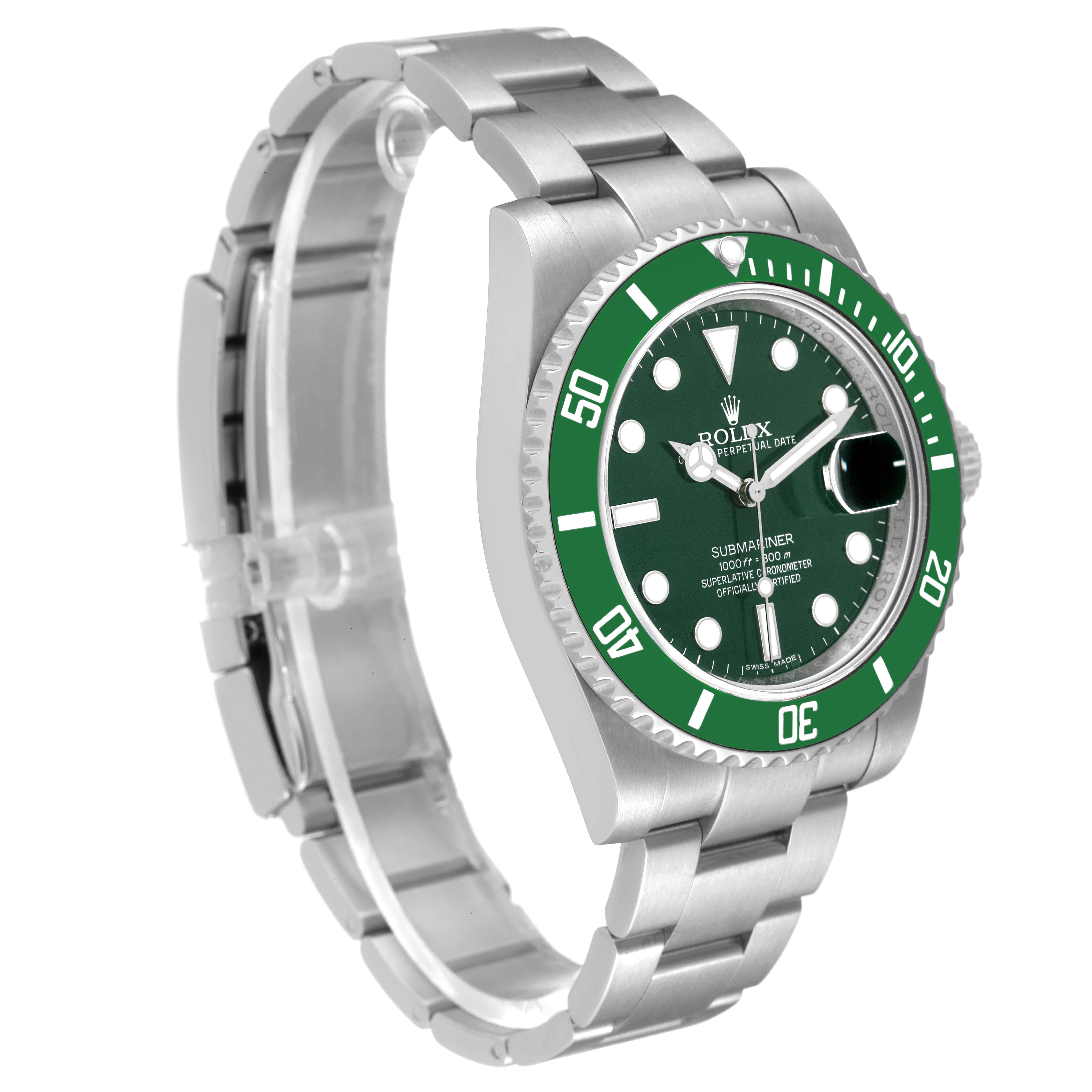 This Rolex Submariner 116610LV Men
s Stainless Steel Green Dial 116610LV Men
s Stainless Steel Green Dial watch is shown at an angled side view, displaying its green bezel, dial, and stainless steel bracelet.