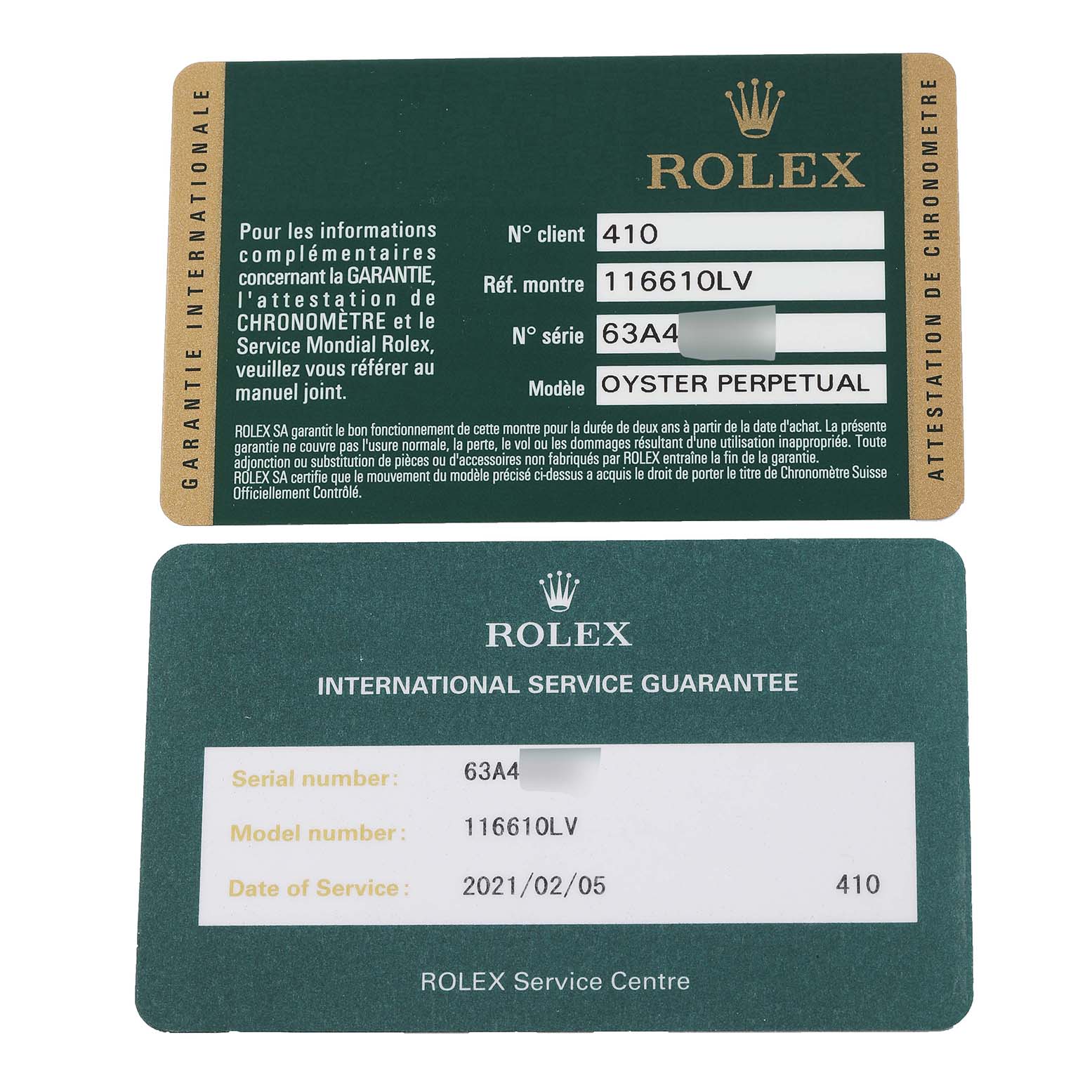 The image shows guarantee cards for a Rolex Submariner 116610LV Men
s Stainless Steel Green Dial 116610LV Men
s Stainless Steel Green Dial model 116610LV, including serial number and date of service information.