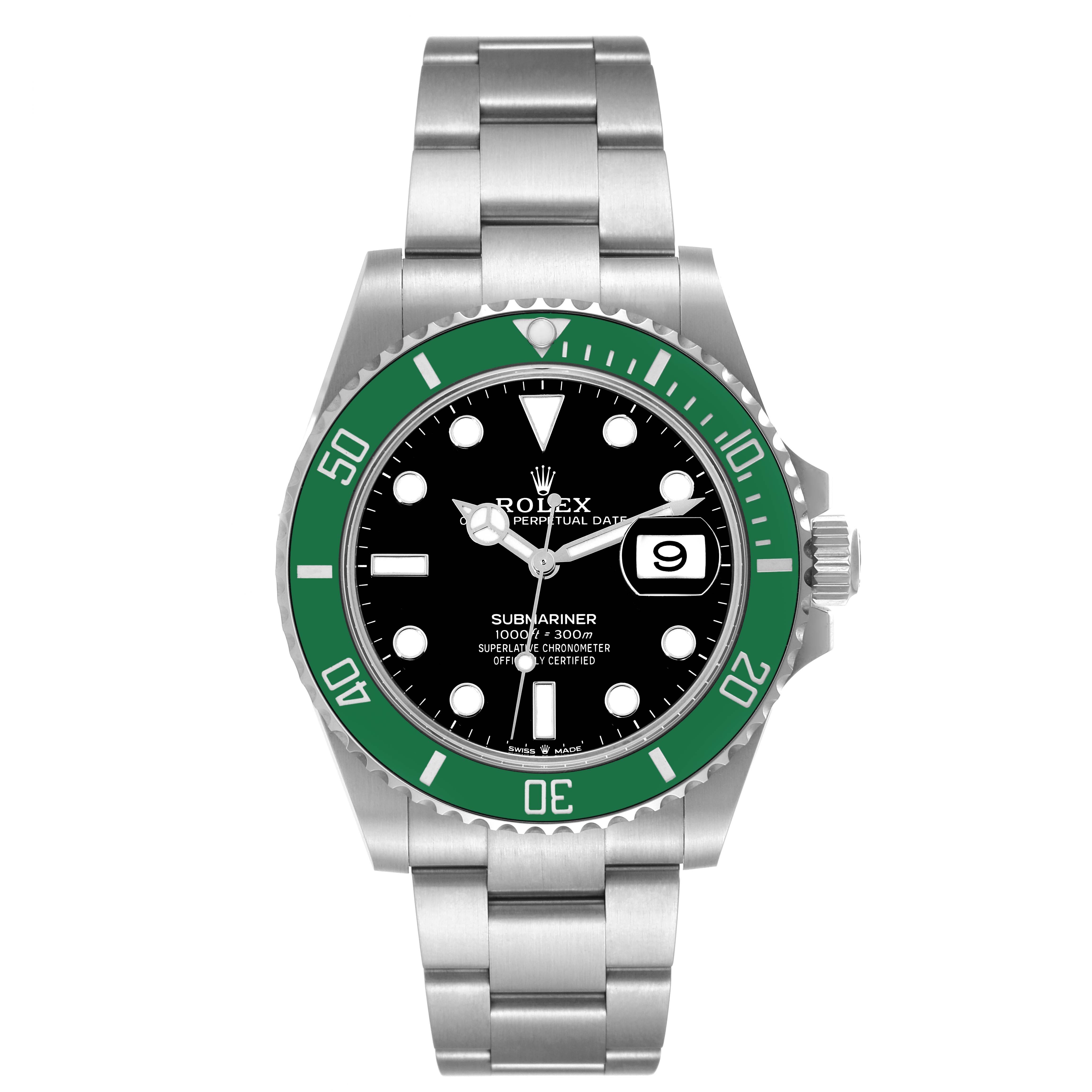 The image shows a front view of a Rolex Submariner 126610LV Men's Stainless Steel Black Dial 126610LV Men's Stainless Steel Black Dial watch with a green bezel and a metal bracelet.