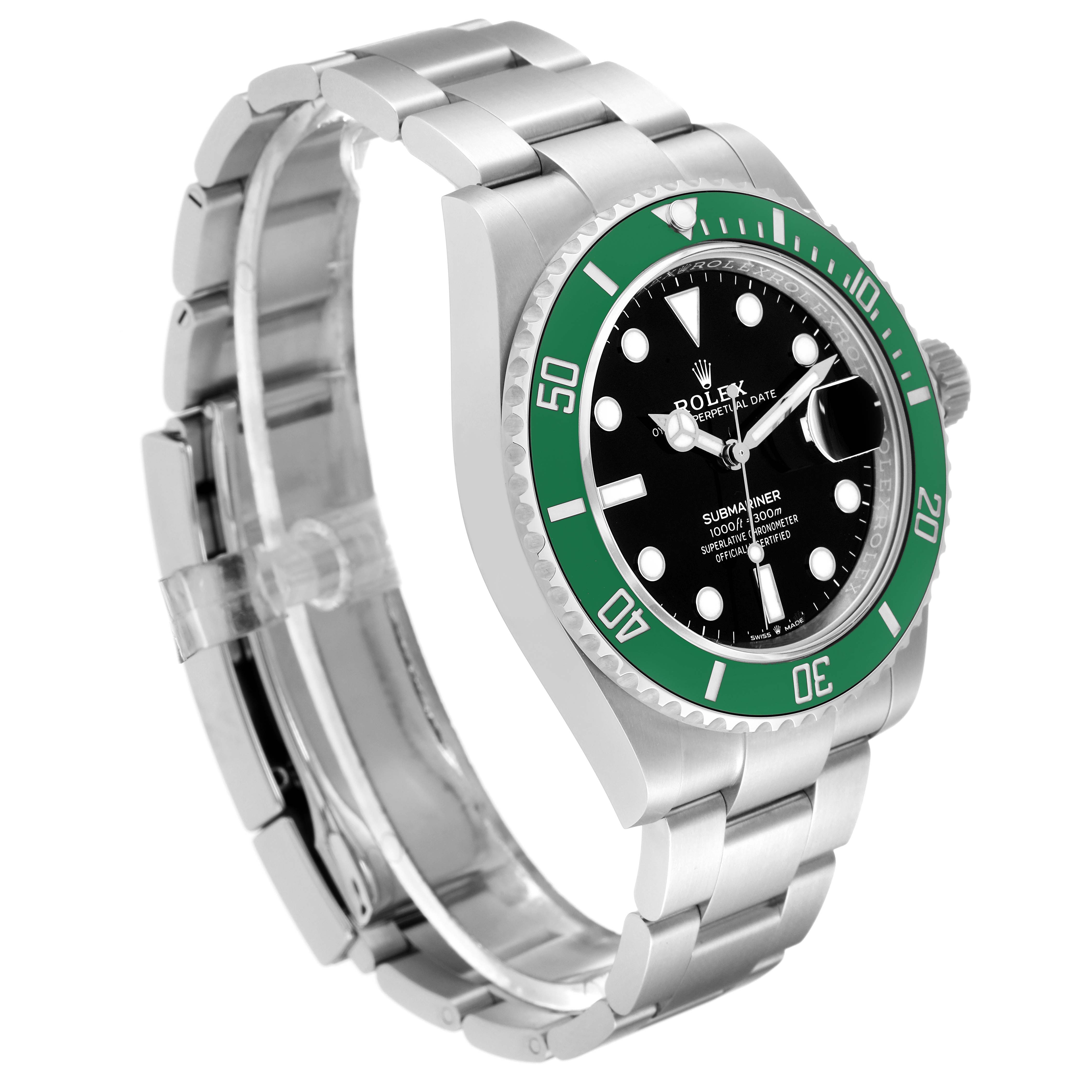 The image shows a Rolex Submariner 126610LV Men's Stainless Steel Black Dial 126610LV Men's Stainless Steel Black Dial watch at a slight angle, highlighting its green bezel, black dial, and stainless steel bracelet.