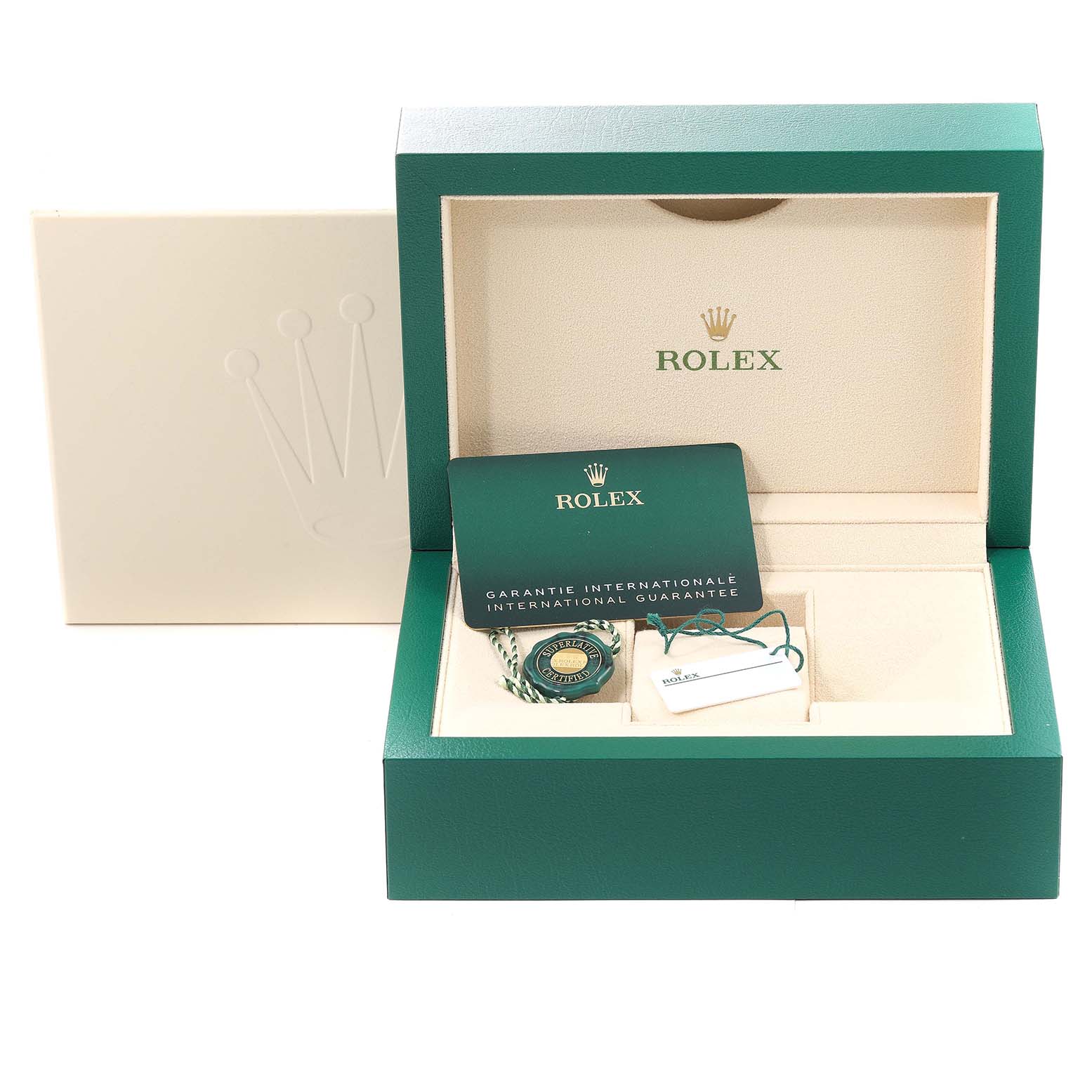 The image shows the packaging and accessories for a Rolex Submariner 126610LV Men's Stainless Steel Black Dial 126610LV Men's Stainless Steel Black Dial, including the warranty card and tag, with the box open at an angle.