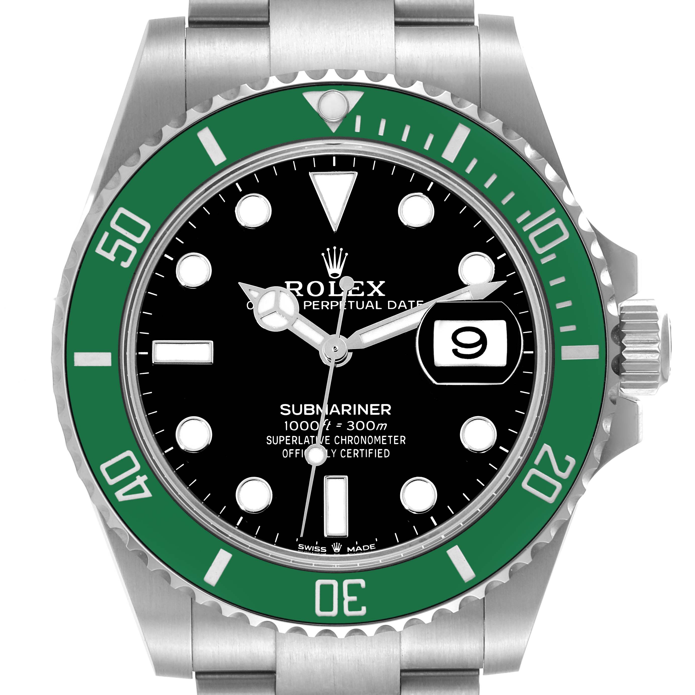 This image shows a front view of a Rolex Submariner 126610LV Men's Stainless Steel Black Dial 126610LV Men's Stainless Steel Black Dial watch, highlighting the dial, bezel, hands, and date window.