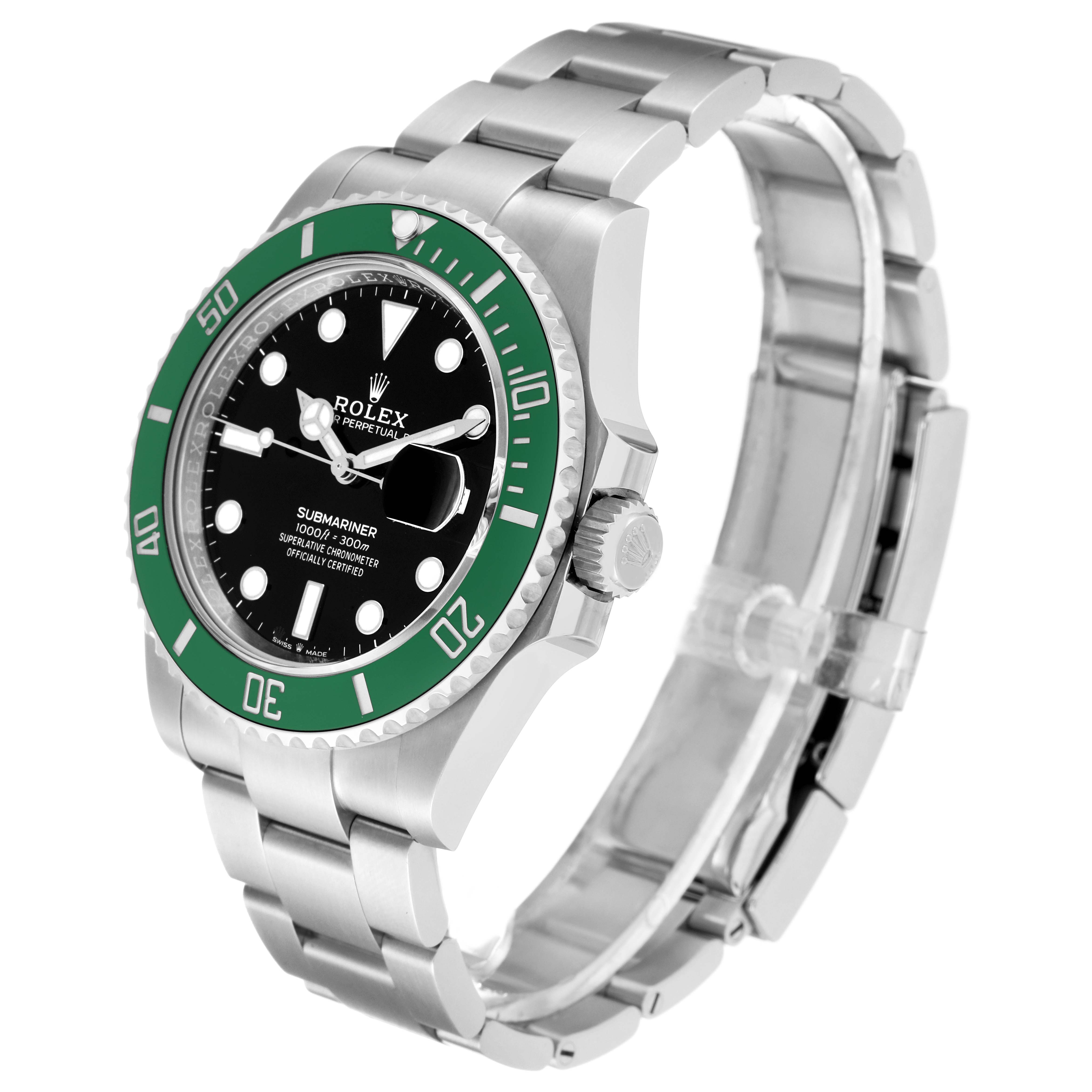 The image shows a Rolex Submariner 126610LV Men's Stainless Steel Black Dial 126610LV Men's Stainless Steel Black Dial watch at a three-quarter angle, highlighting its green bezel, black dial, and stainless steel bracelet.
