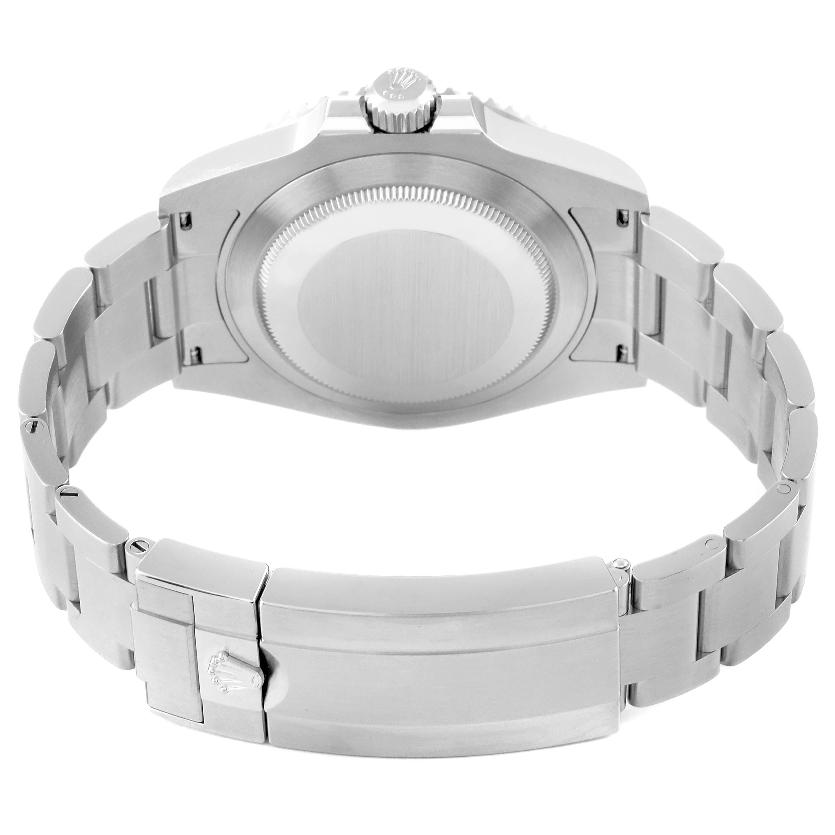 This image shows the backside and clasp of a Rolex Submariner 126610LV Men's Stainless Steel Black Dial 126610LV Men's Stainless Steel Black Dial watch, highlighting its stainless steel bracelet and the caseback.