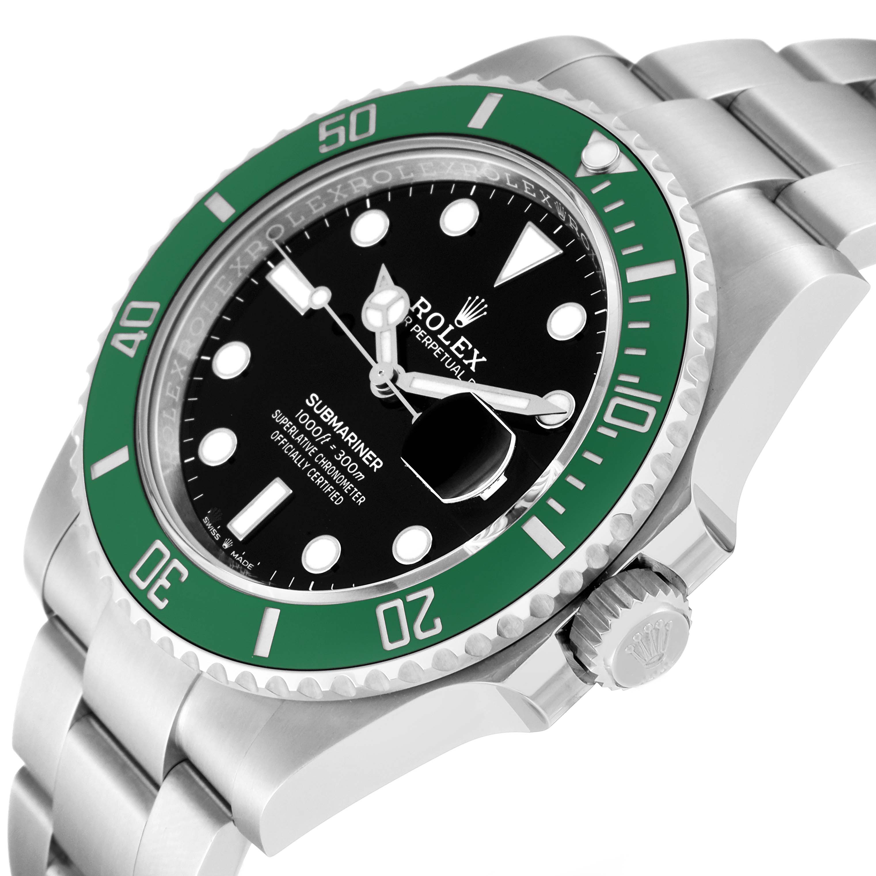 This image shows a close-up angled view of the Rolex Submariner 126610LV Men's Stainless Steel Black Dial 126610LV Men's Stainless Steel Black Dial, highlighting its green bezel, black dial, and bracelet.
