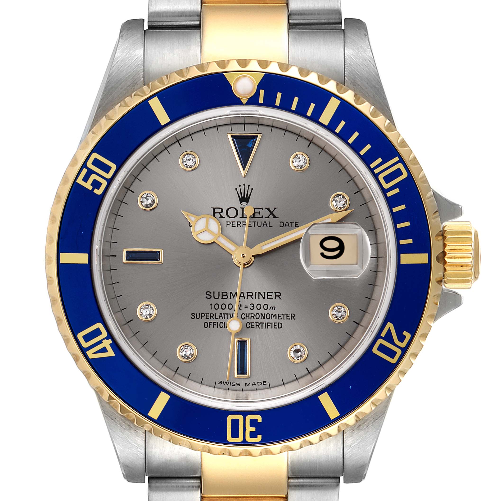 The Rolex Submariner 16613 Men's Steel and Gold (two tone) Silver Dial watch is shown from the front, displaying the face, bezel, and partial bracelet.