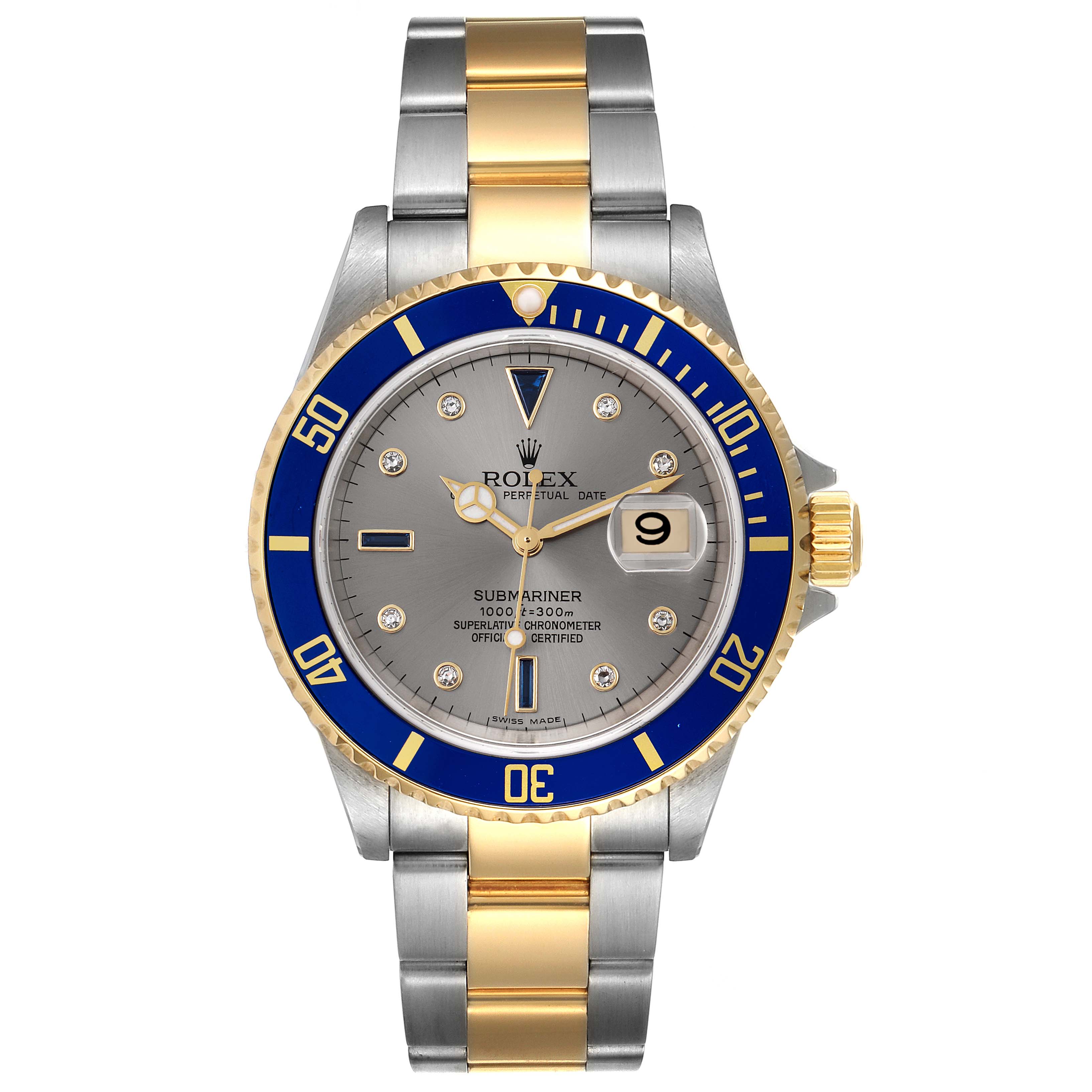 The Rolex Submariner 16613 Men's Steel and Gold (two tone) Silver Dial watch is shown from the front, highlighting its bezel, dial, and two-tone bracelet.