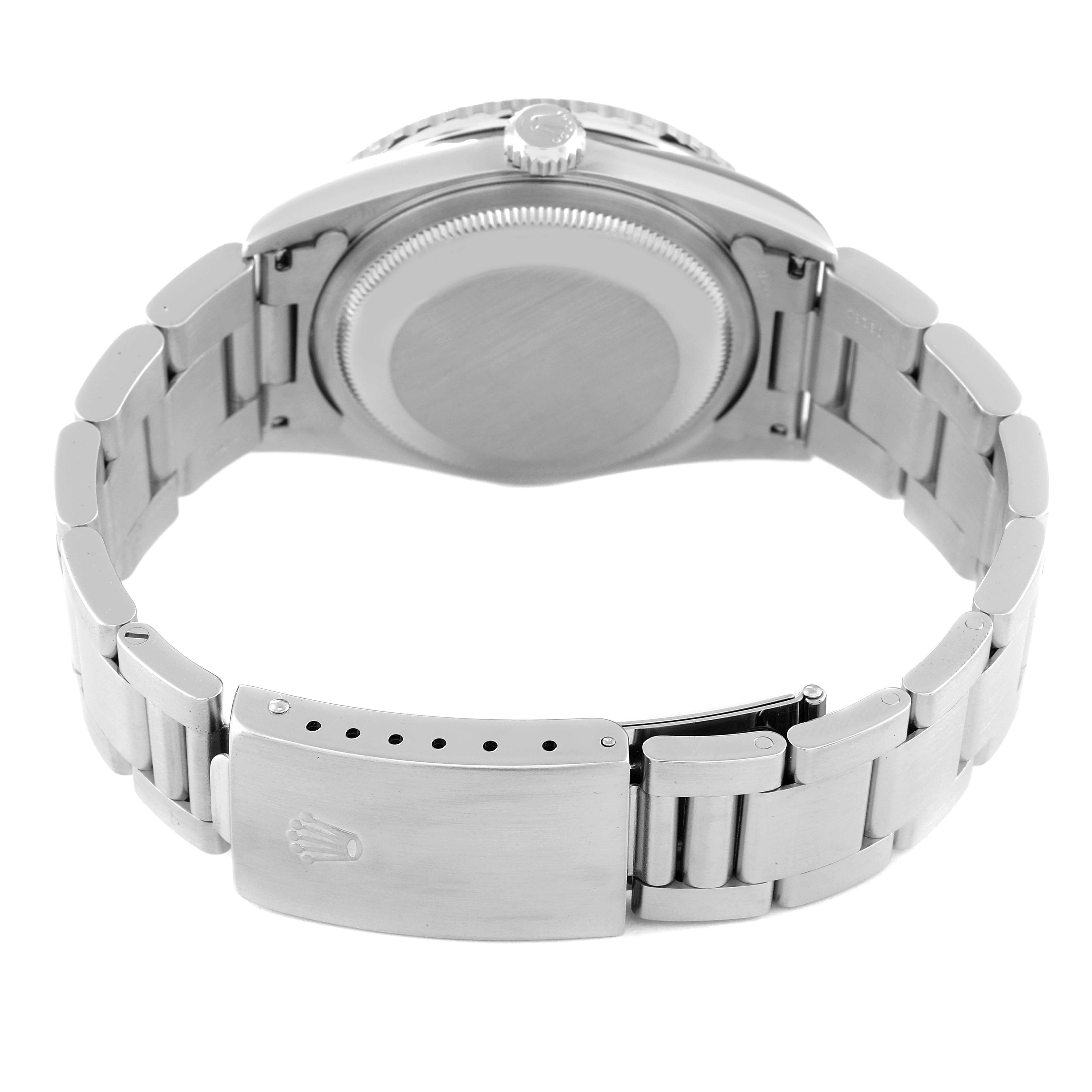 The image shows the back view of the Rolex Turn-o-Graph 16264 Men
s Stainless Steel Black Dial 16264 Men
s Stainless Steel Black Dial watch, displaying the case back, crown, and bracelet with the clasp open.