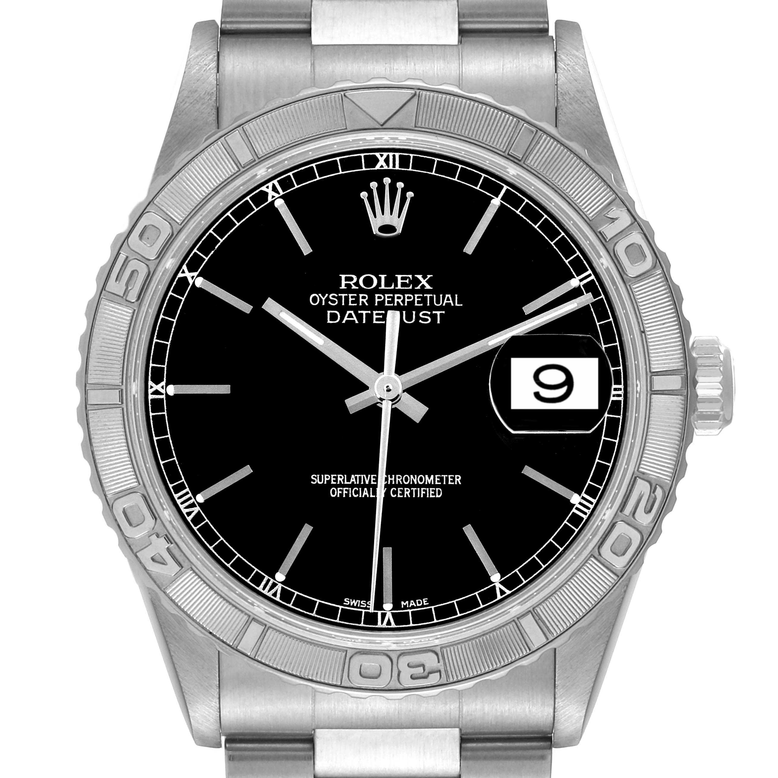 The image shows a front view of a Rolex Turn-o-Graph 16264 Men
s Stainless Steel Black Dial 16264 Men
s Stainless Steel Black Dial watch, highlighting the bezel, dial, hands, date window, and part of the bracelet.