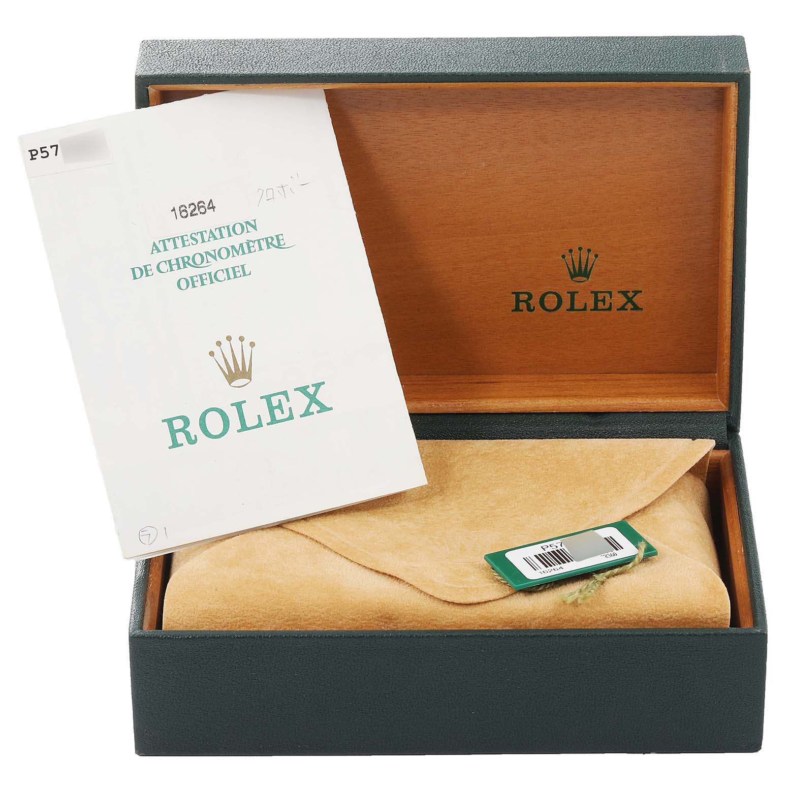The image shows the packaging, official certificate, and pouch for a Rolex Turn-o-Graph 16264 Men
s Stainless Steel Black Dial 16264 Men
s Stainless Steel Black Dial model watch.