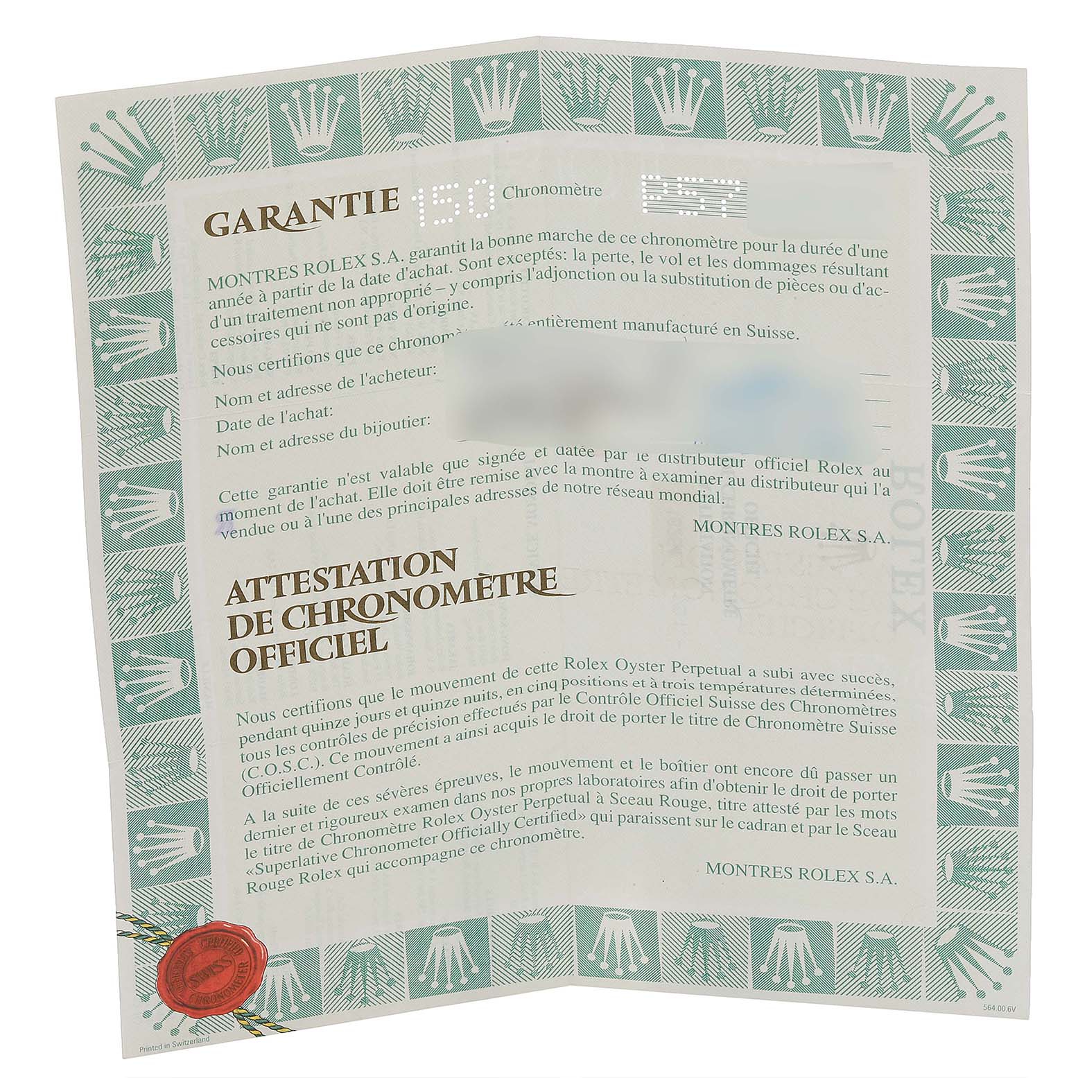 This image shows the warranty certificate and official chronometer certification for the Rolex Turn-o-Graph 16264 Men
s Stainless Steel Black Dial 16264 Men
s Stainless Steel Black Dial model.