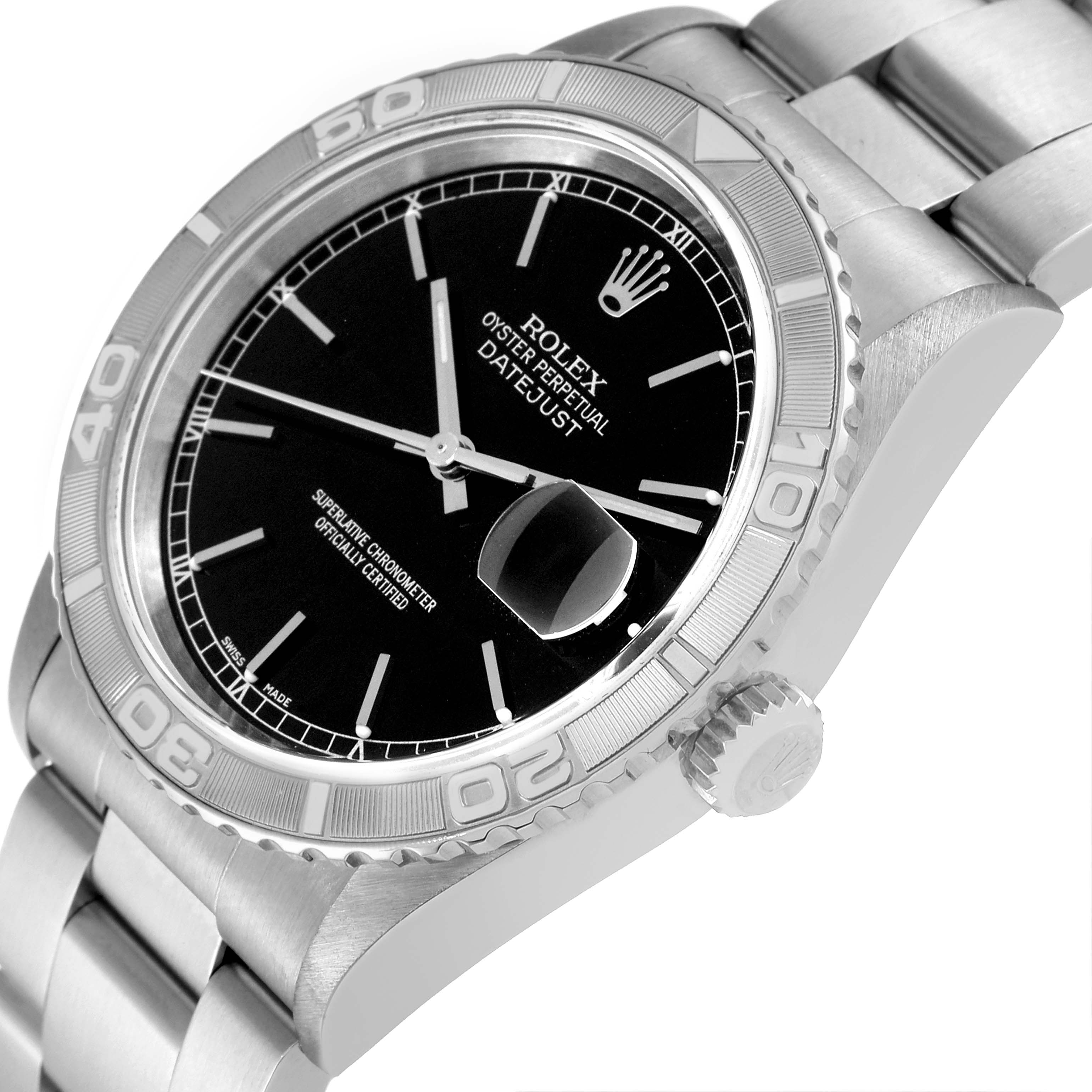The Rolex Turn-o-Graph 16264 Men
s Stainless Steel Black Dial 16264 Men
s Stainless Steel Black Dial watch is shown at an angle highlighting the face, bezel, crown, and part of the bracelet.