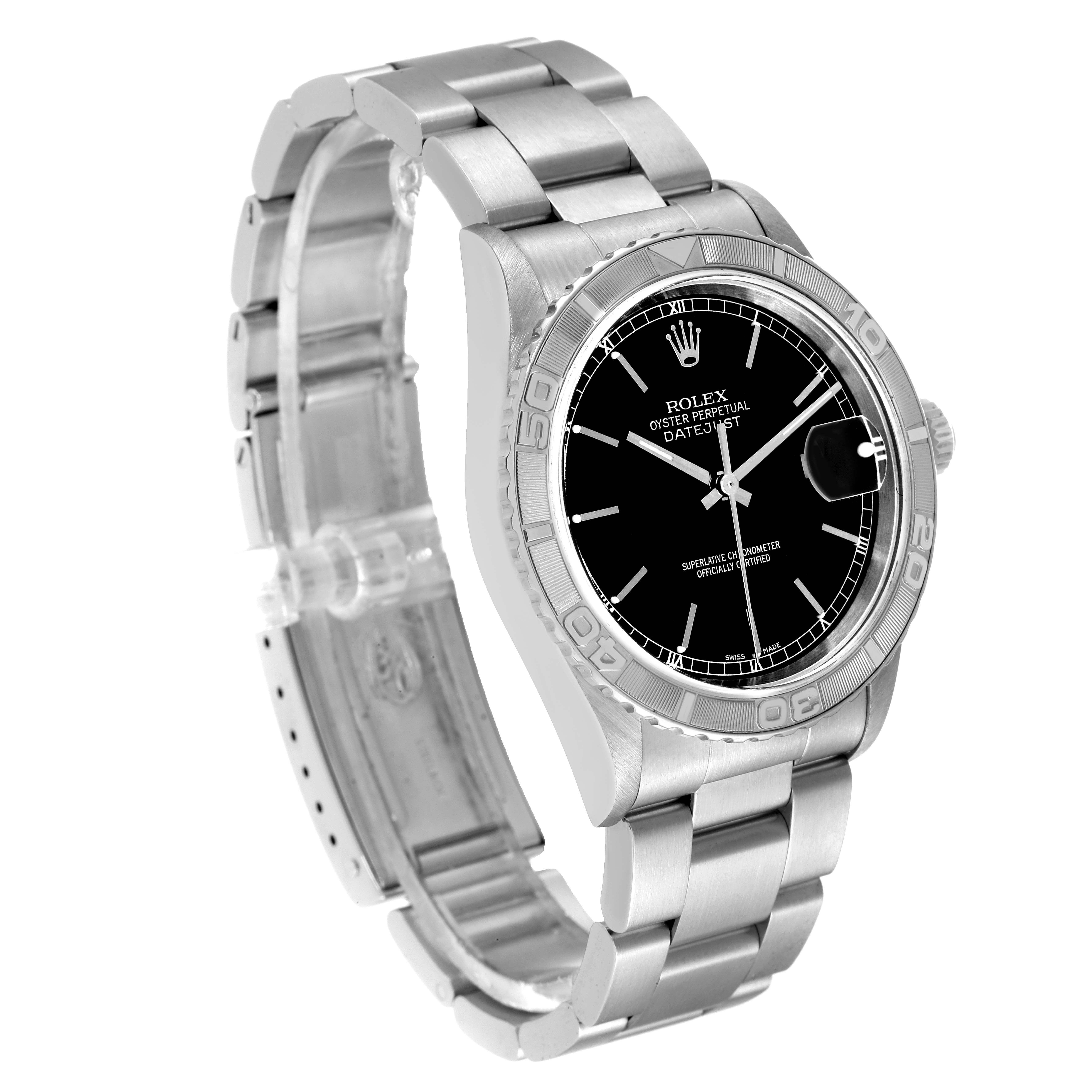 The image shows a Rolex Turn-o-Graph 16264 Men
s Stainless Steel Black Dial 16264 Men
s Stainless Steel Black Dial watch, angled to display the face, bezel, and the bracelet partially opened.