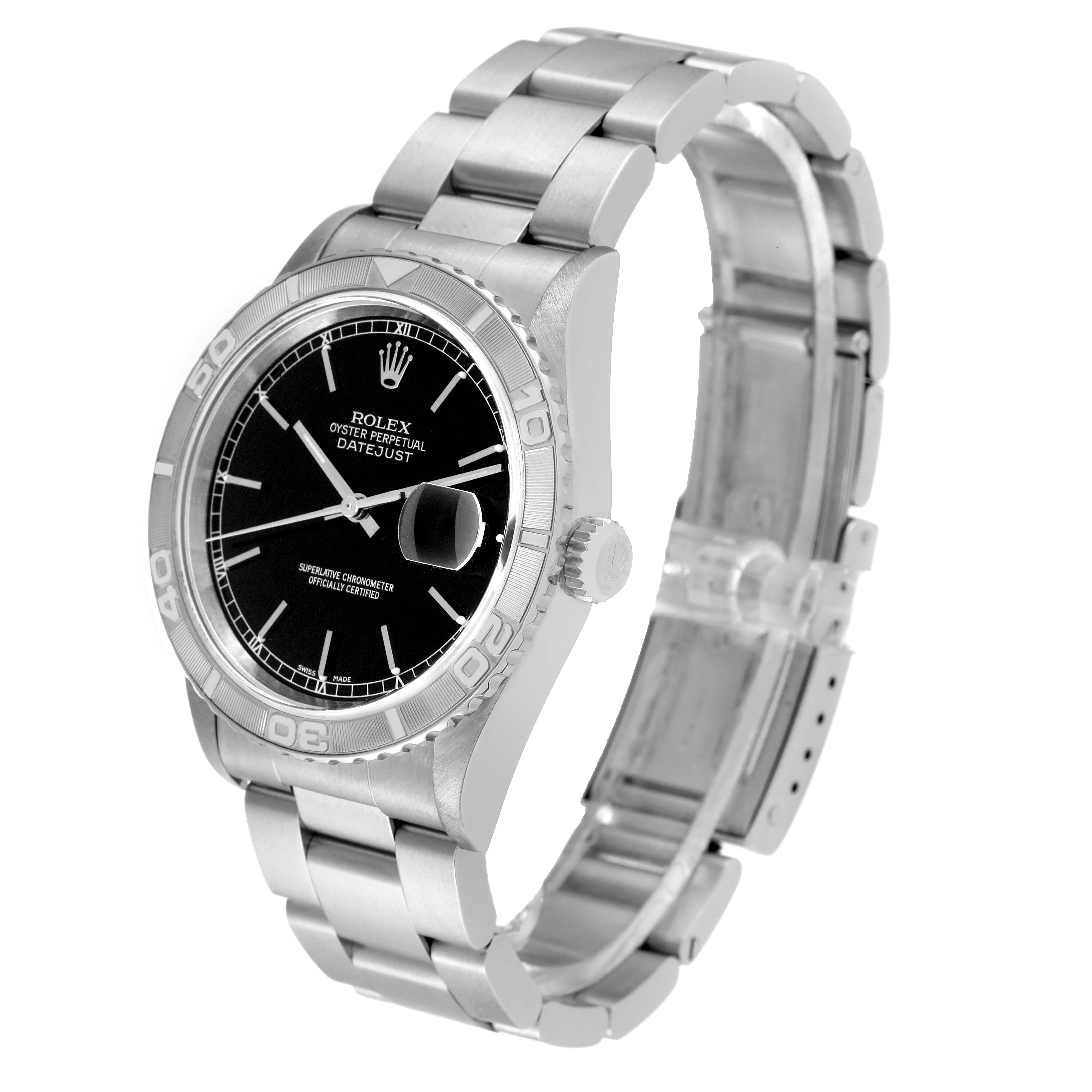 The image displays a side-angle view of a Rolex Turn-o-Graph 16264 Men
s Stainless Steel Black Dial 16264 Men
s Stainless Steel Black Dial watch, showcasing its bezel, dial, bracelet, and crown.