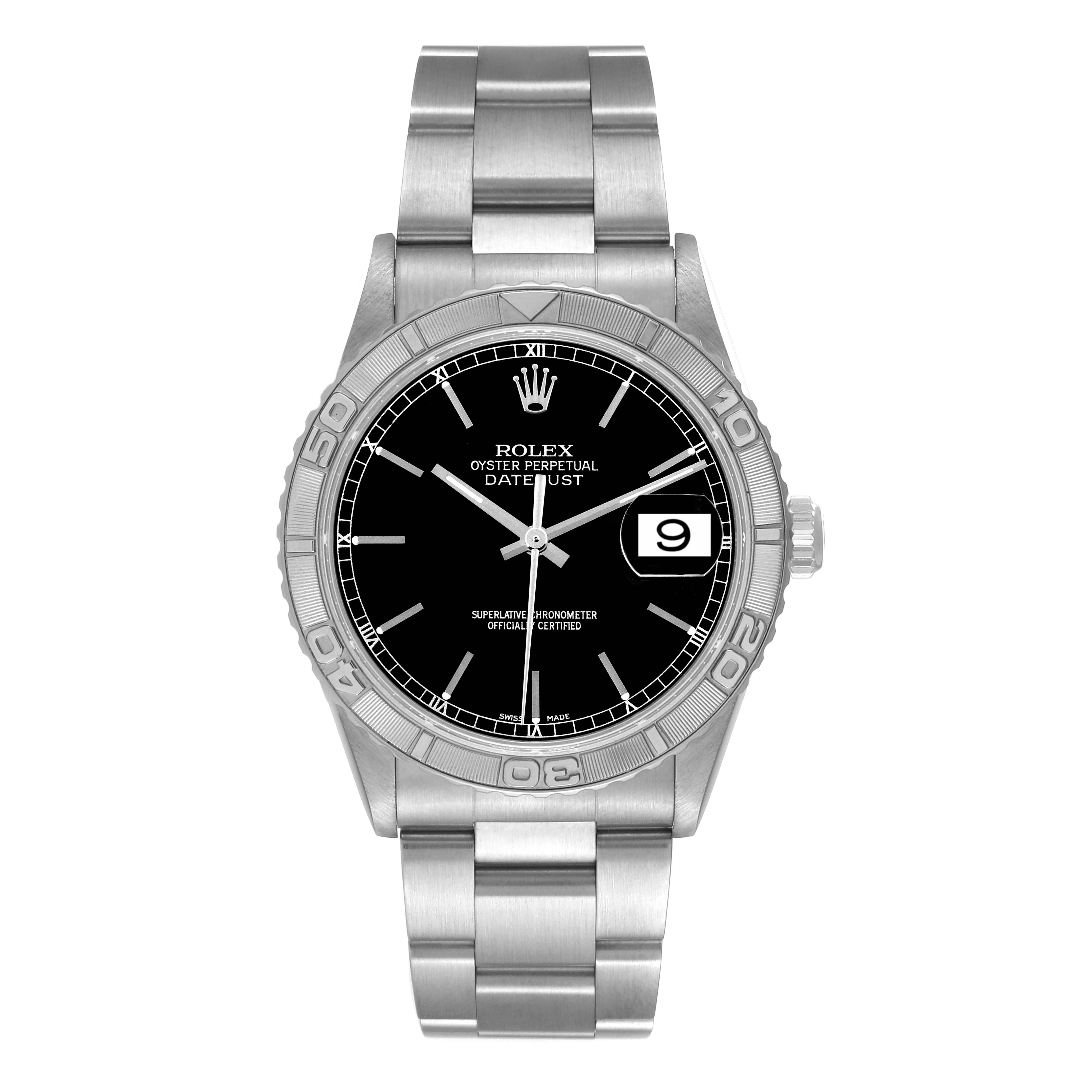 The image shows a front view of a Rolex Turn-o-Graph 16264 Men
s Stainless Steel Black Dial 16264 Men
s Stainless Steel Black Dial watch, displaying its black dial, date function, and metal bracelet.