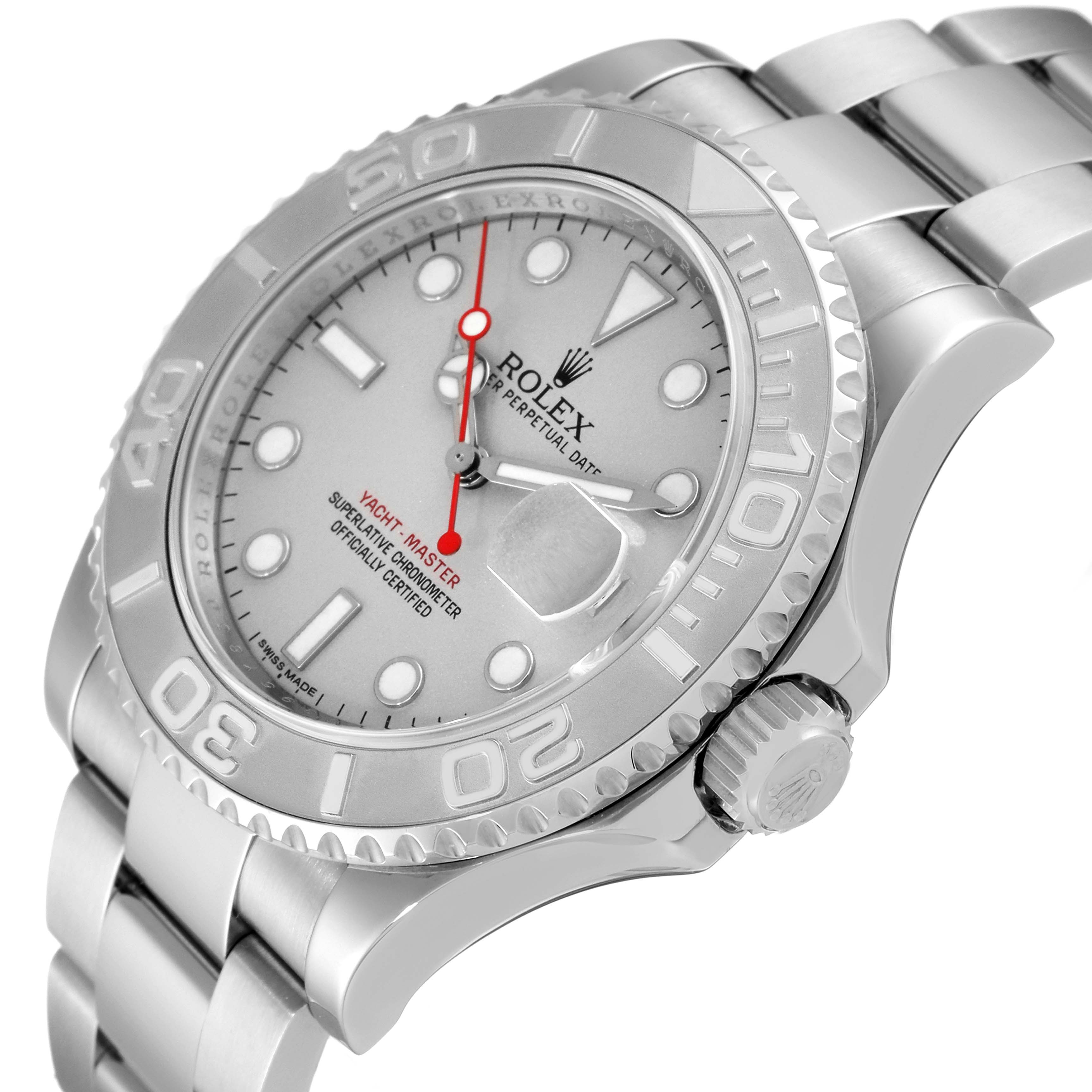 The Rolex Yacht-Master 116622 Men's Stainless Steel Silver Dial 116622 Men's Stainless Steel Silver Dial watch is shown at an angle highlighting the face, bezel, crown, and part of the bracelet.