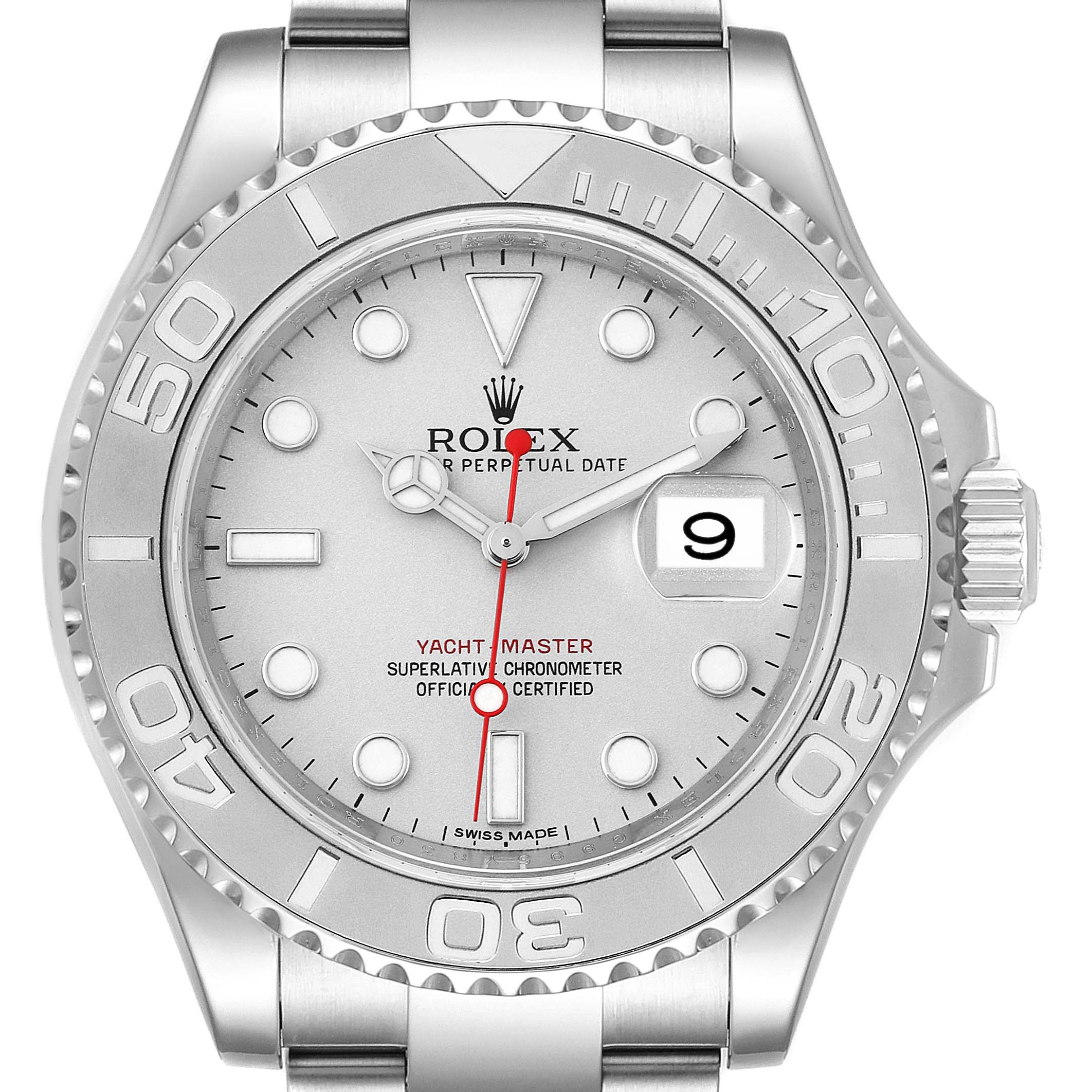 This image shows a close-up of the Rolex Yacht-Master 116622 Men's Stainless Steel Silver Dial 116622 Men's Stainless Steel Silver Dial watch face, bezel, and part of the bracelet.