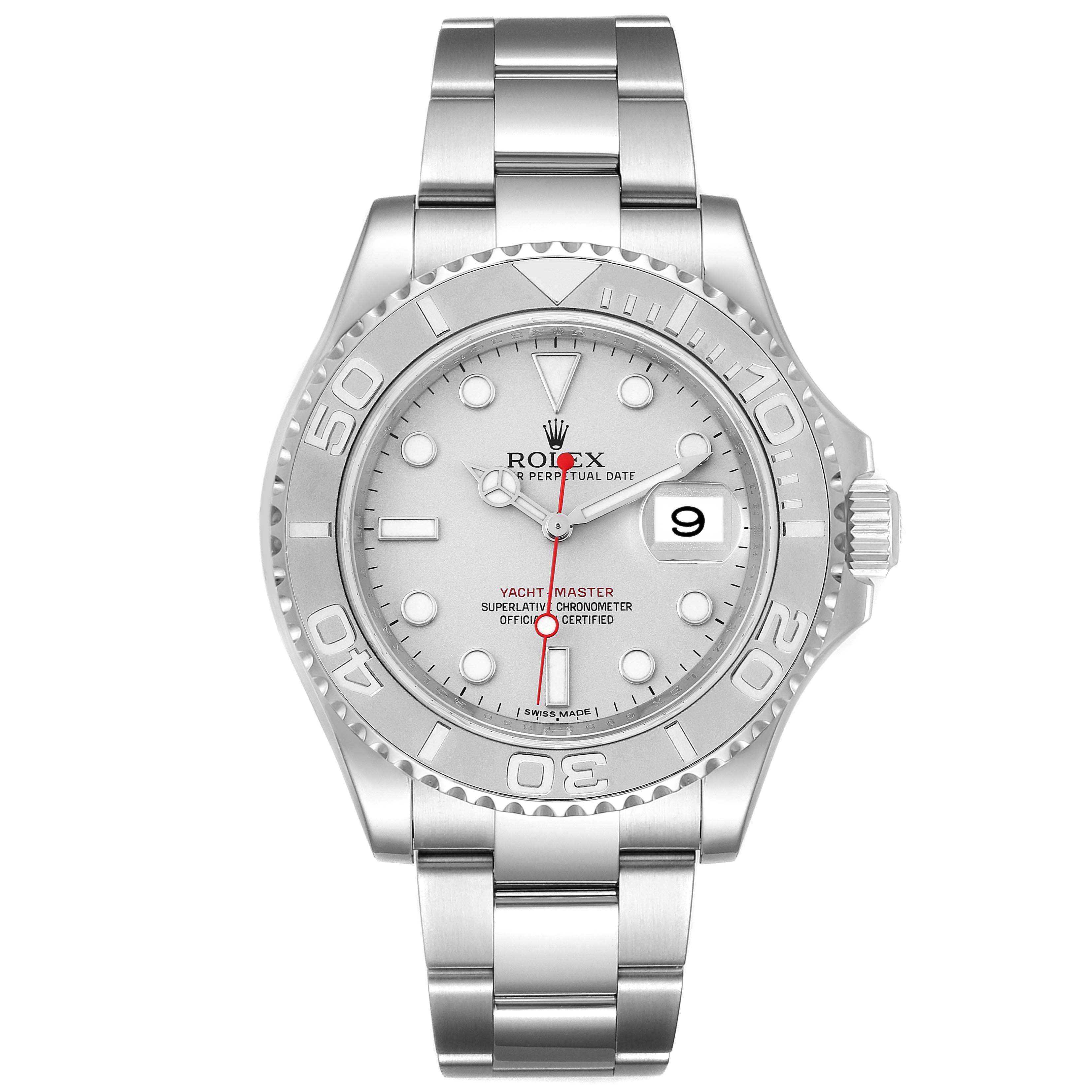The image shows a frontal view of the Rolex Yacht-Master 116622 Men's Stainless Steel Silver Dial 116622 Men's Stainless Steel Silver Dial watch, highlighting the dial, bezel, crown, and bracelet.