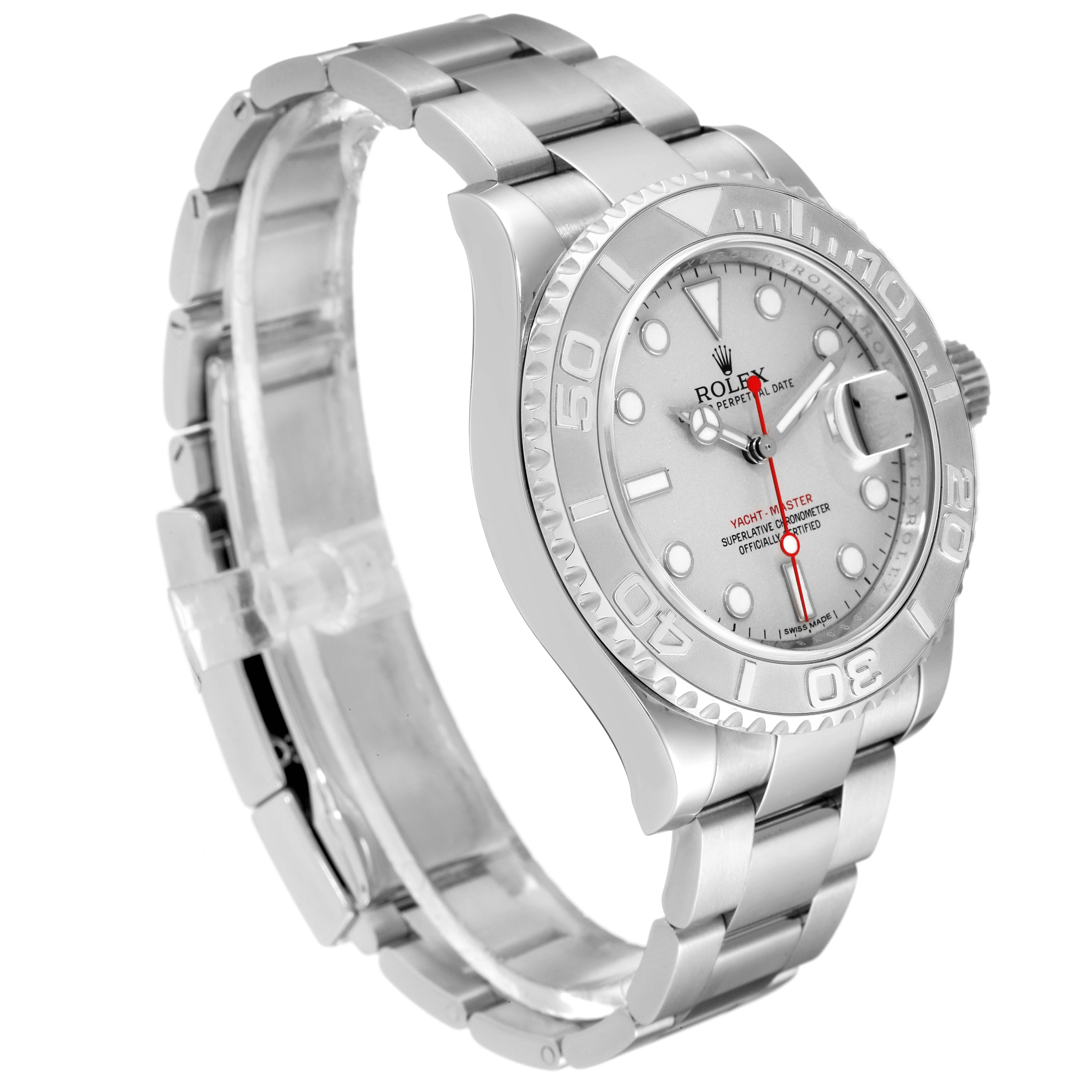 The Rolex Yacht-Master 116622 Men's Stainless Steel Silver Dial 116622 Men's Stainless Steel Silver Dial watch is shown at a three-quarter angle, highlighting its stainless steel case, bezel, and bracelet.