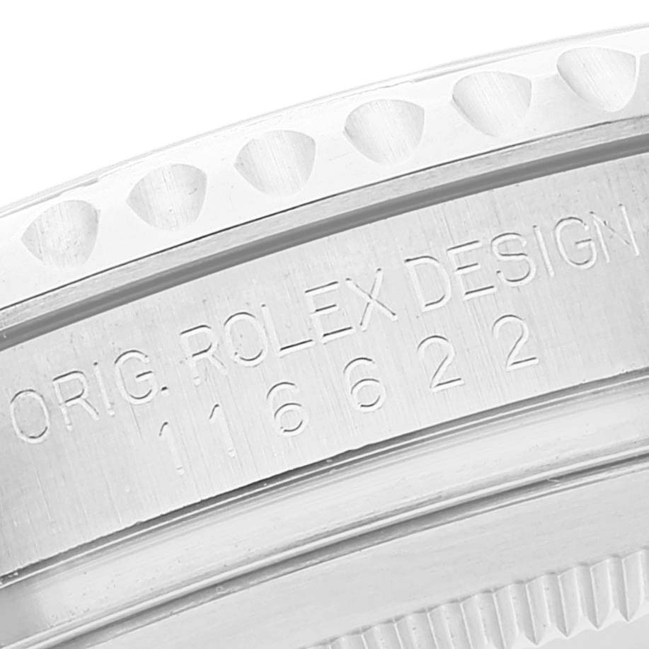 This close-up image shows the engraved bezel and model number 116622 of the Rolex Yacht-Master 116622 Men's Stainless Steel Silver Dial 116622 Men's Stainless Steel Silver Dial watch.