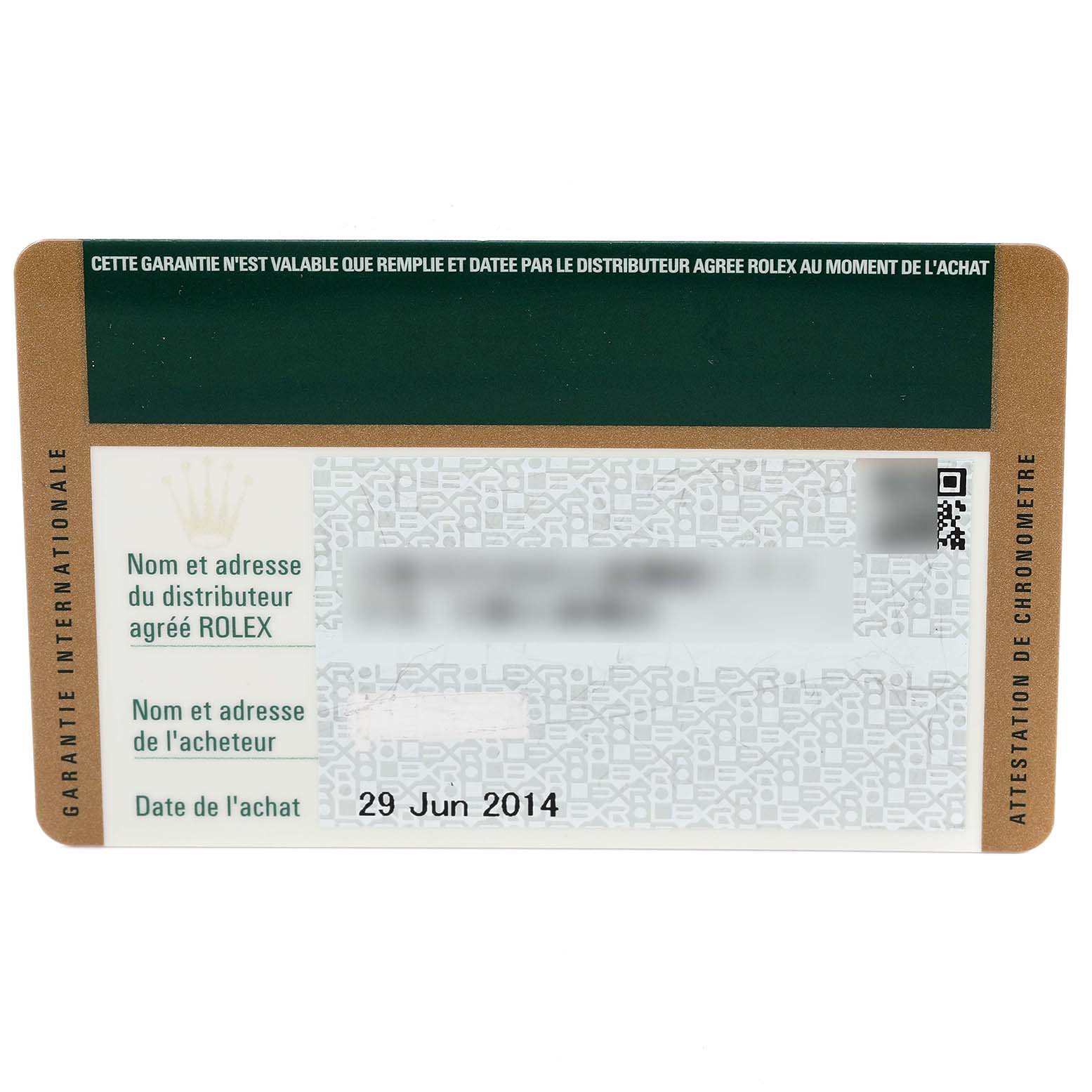 The image shows a warranty card for the Rolex Yacht-Master 116622 Men's Stainless Steel Silver Dial 116622 Men's Stainless Steel Silver Dial model, dated 29 June 2014.