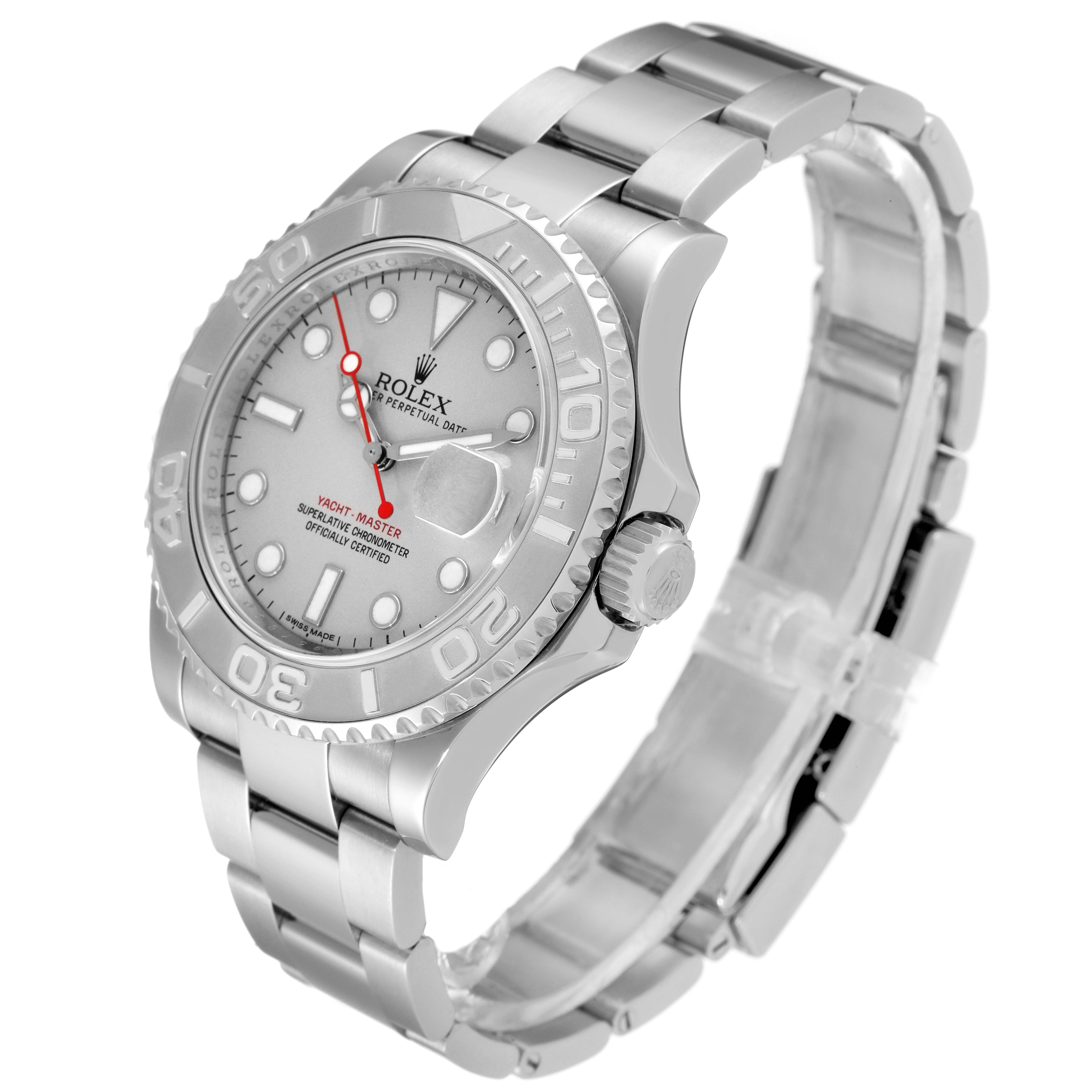 The Rolex Yacht-Master 116622 Men's Stainless Steel Silver Dial 116622 Men's Stainless Steel Silver Dial watch is shown from a three-quarter angle, highlighting its face, bezel, crown, and bracelet.