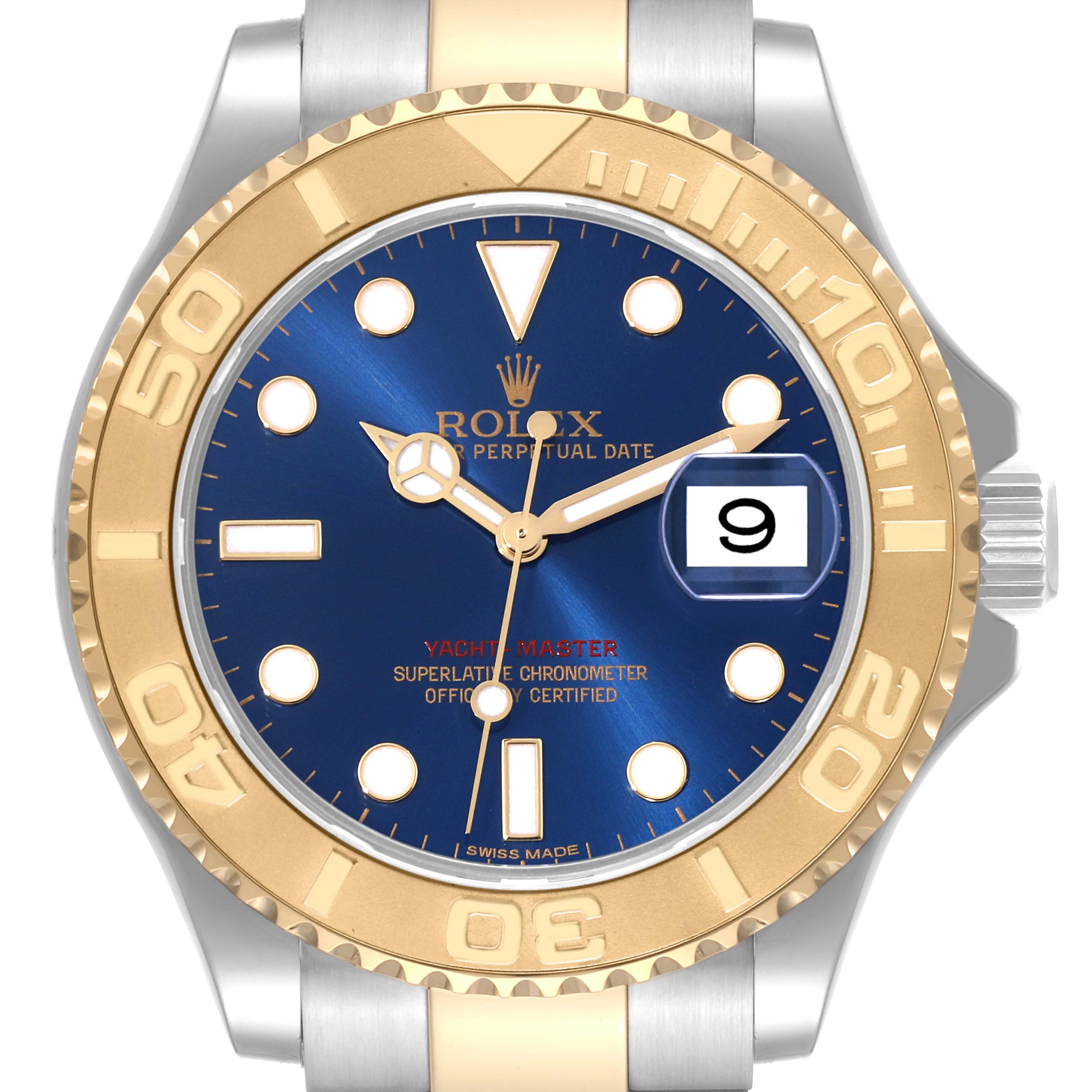 This image shows a close-up view of the Rolex Yacht-Master 16623 Men's Steel and Gold (two tone) Blue Dial 16623 Men's Steel and Gold (two tone) Blue Dial watch, highlighting the face, bezel, and partial bracelet.