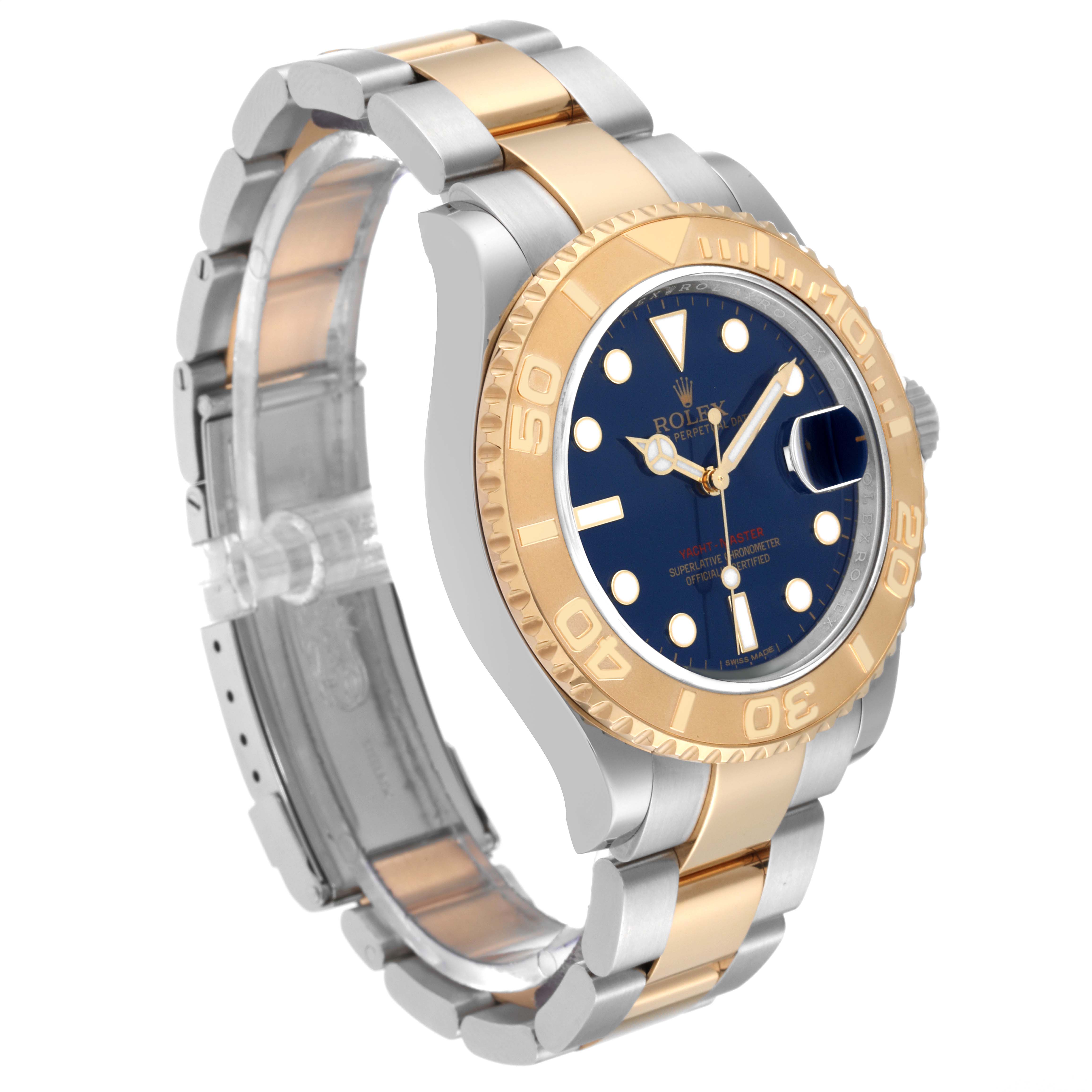 The image shows a front angled view of a Rolex Yacht-Master 16623 Men's Steel and Gold (two tone) Blue Dial 16623 Men's Steel and Gold (two tone) Blue Dial watch, highlighting its two-tone bracelet and blue dial.