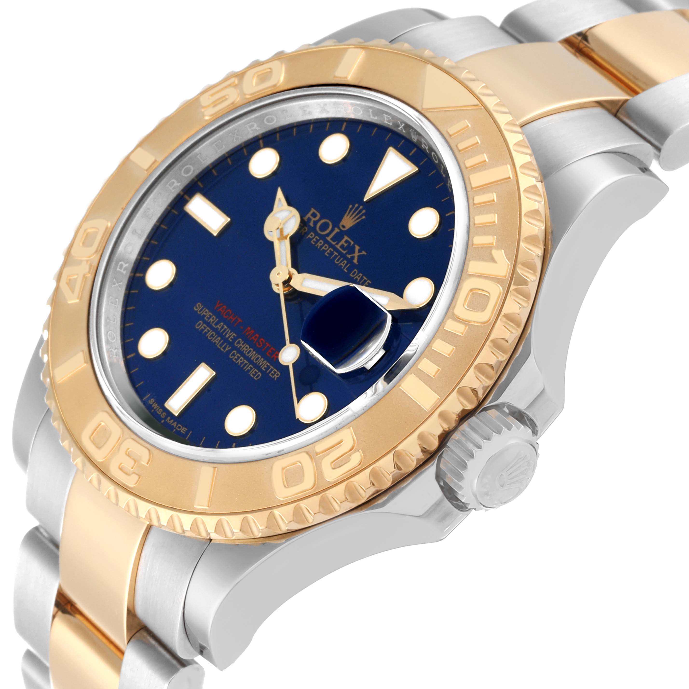 The image shows a close-up angle of the Rolex Yacht-Master 16623 Men's Steel and Gold (two tone) Blue Dial 16623 Men's Steel and Gold (two tone) Blue Dial watch, highlighting the dial, bezel, crown, and part of the bracelet.