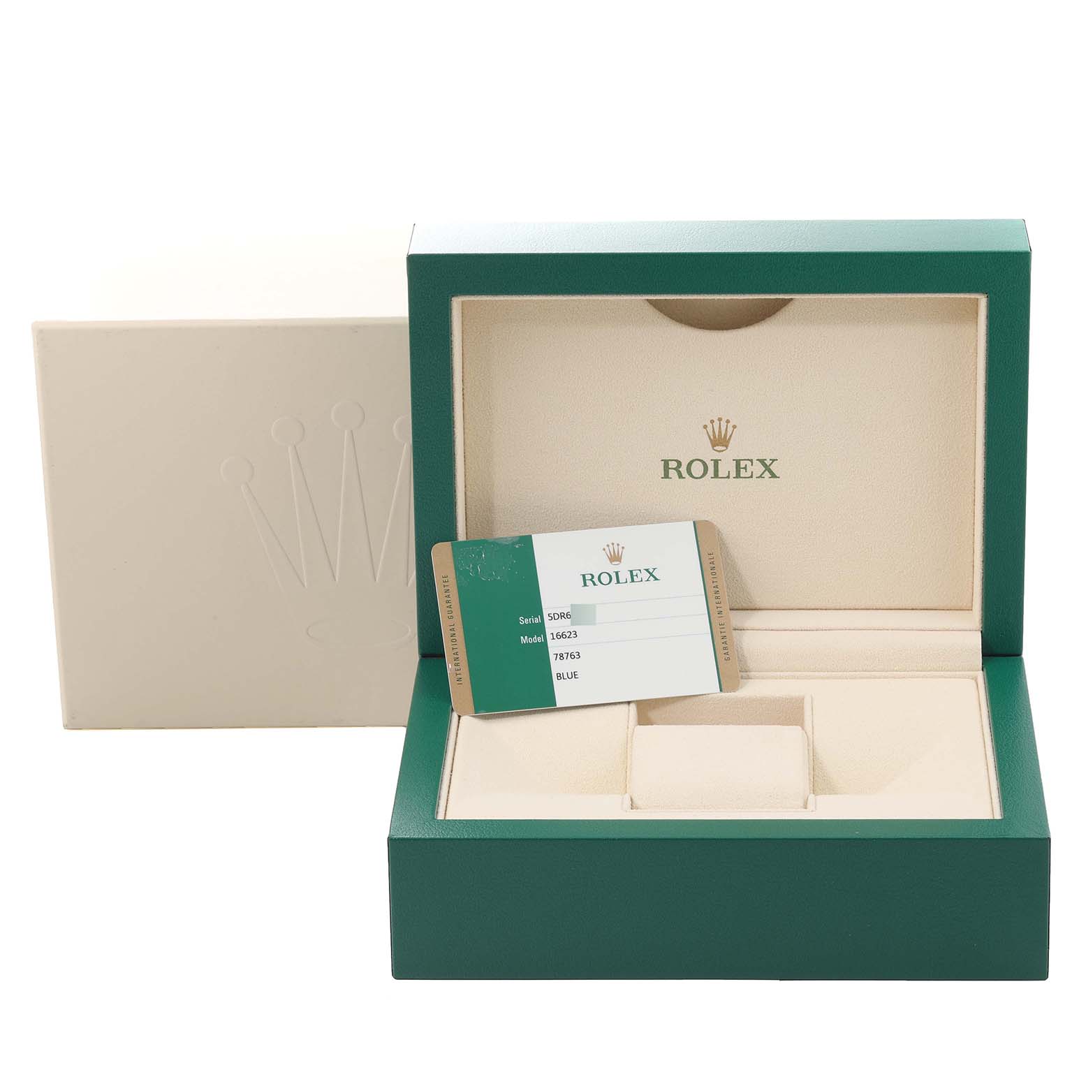 The image shows the open packaging box and warranty card for a Rolex Yacht-Master 16623 Men's Steel and Gold (two tone) Blue Dial 16623 Men's Steel and Gold (two tone) Blue Dial watch.