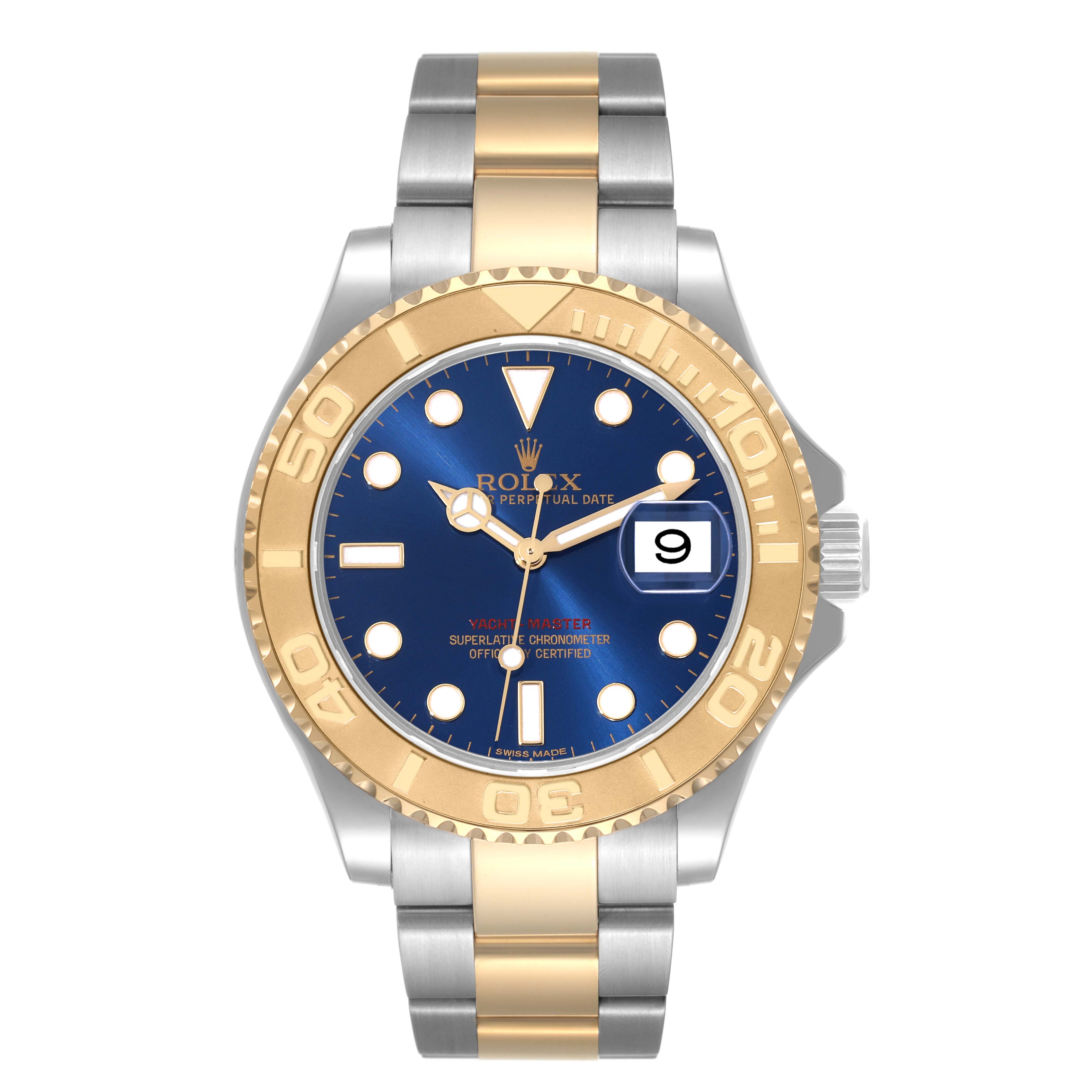 The image shows a front view of the Rolex Yacht-Master 16623 Men's Steel and Gold (two tone) Blue Dial 16623 Men's Steel and Gold (two tone) Blue Dial watch, displaying its blue dial, gold bezel, and two-tone bracelet.
