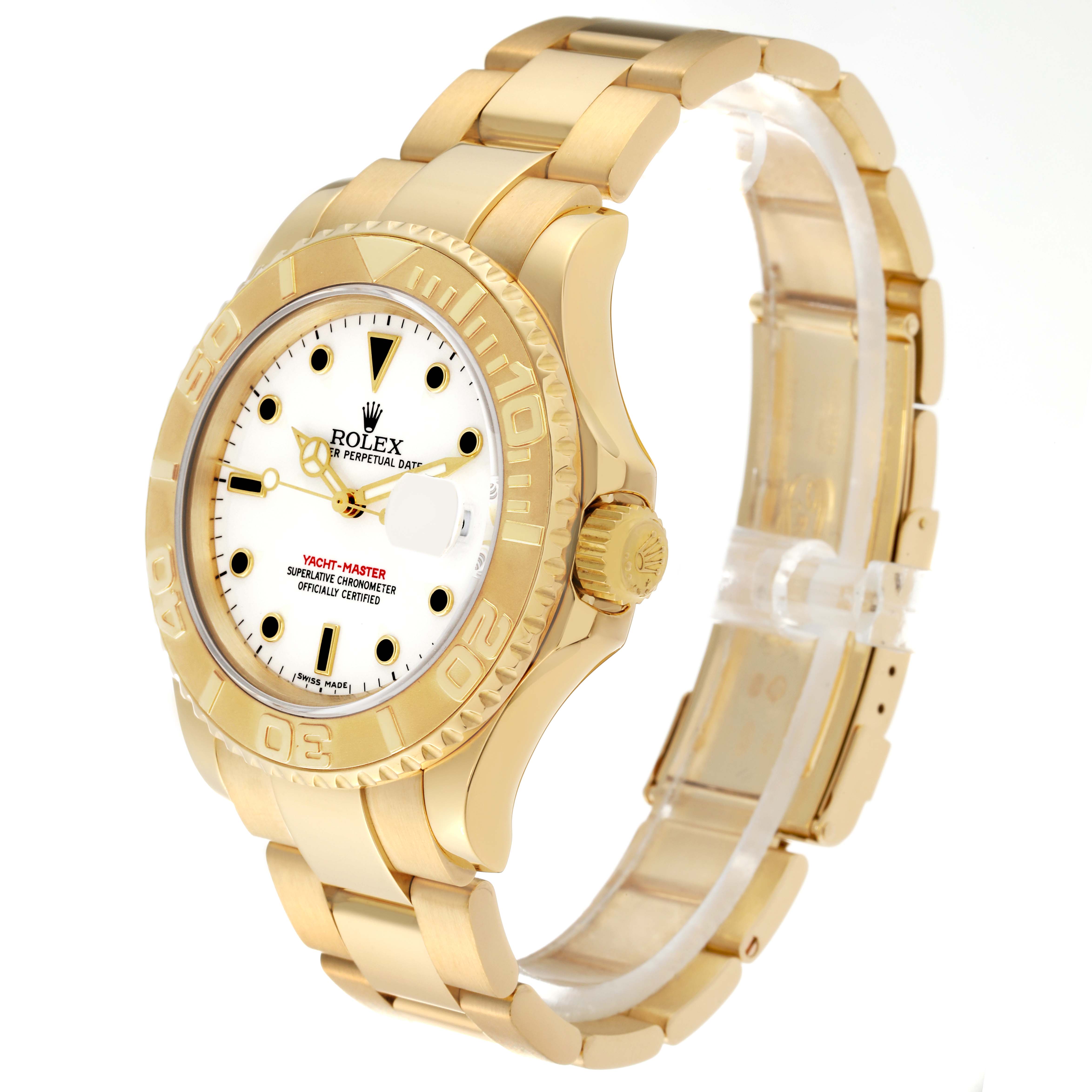 The image shows a Rolex Yacht-Master 16628 Men's Yellow Gold White Dial 16628 Men's Yellow Gold White Dial watch at a slight angle, highlighting the face, bezel, crown, and part of the bracelet.