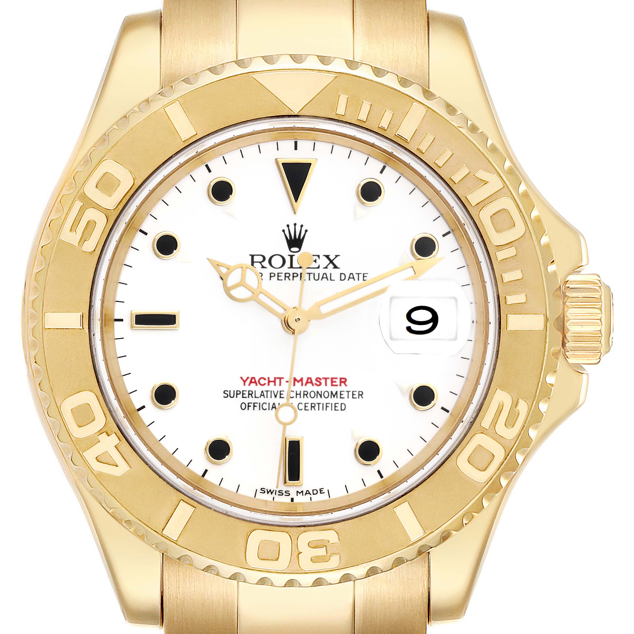 This image shows a front view of a Rolex Yacht-Master 16628 Men's Yellow Gold White Dial 16628 Men's Yellow Gold White Dial watch, highlighting its gold case, bezel, and white dial with date display.