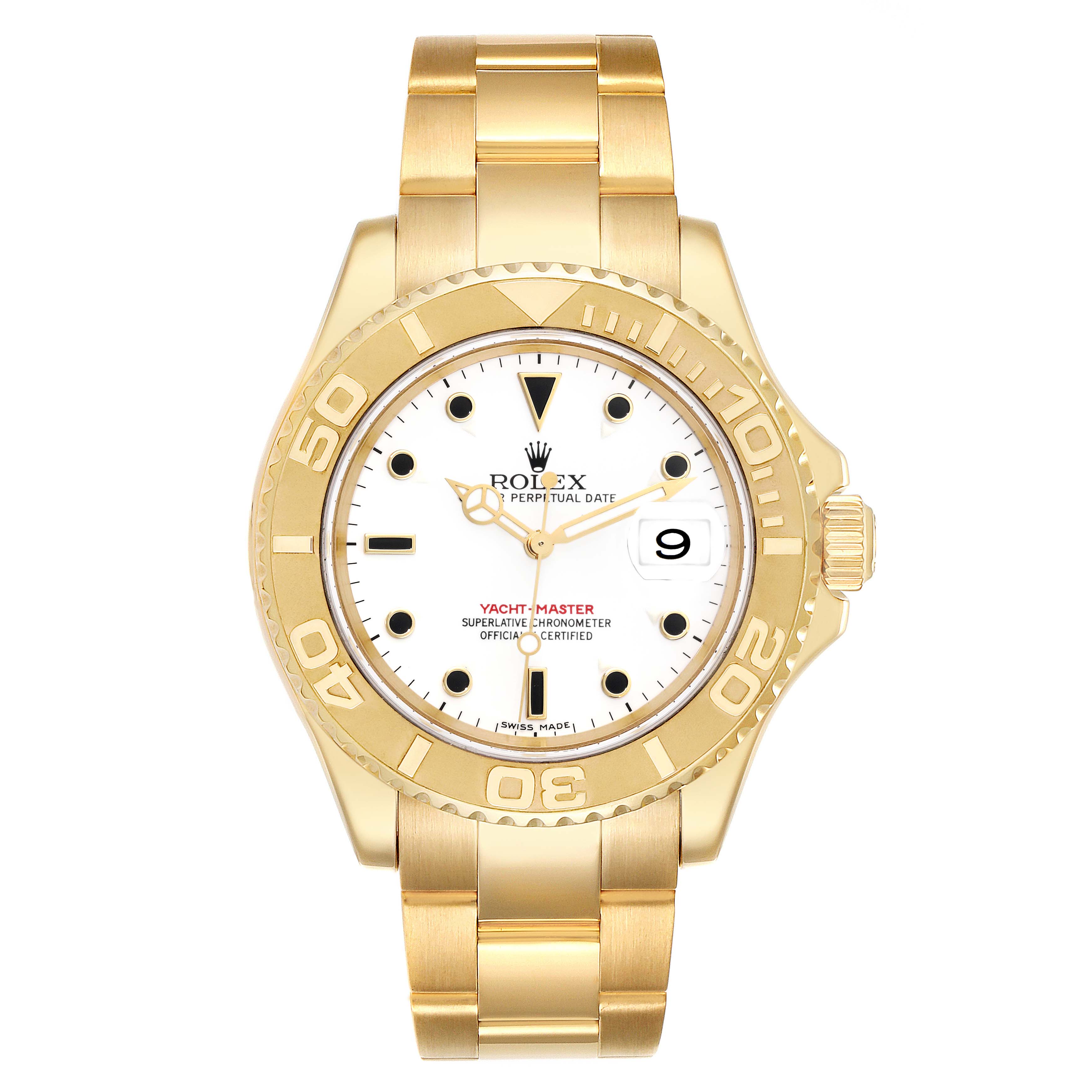 This image shows a Rolex Yacht-Master 16628 Men's Yellow Gold White Dial 16628 Men's Yellow Gold White Dial watch viewed from the front, highlighting its dial, bezel, and part of the bracelet.