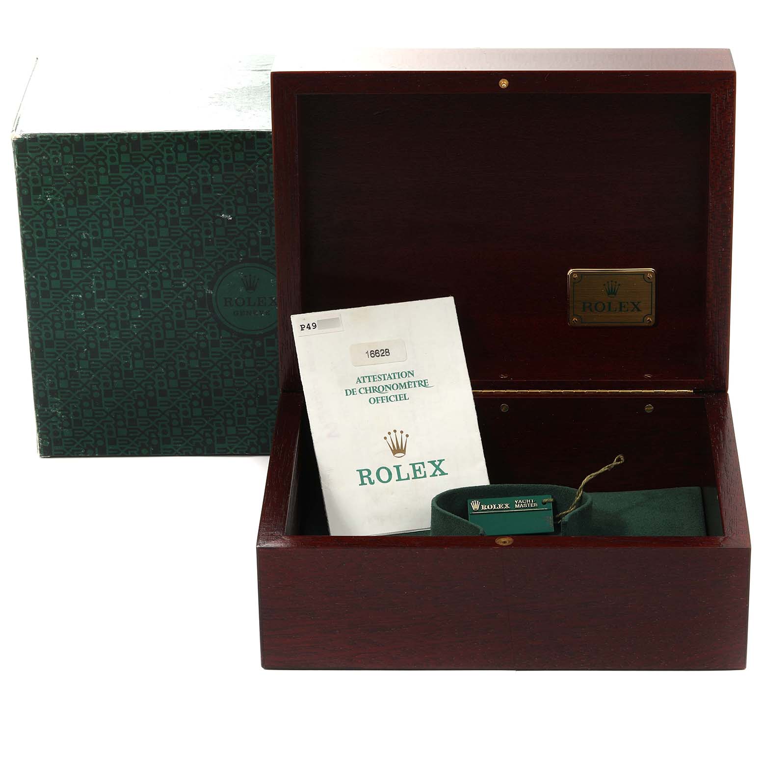This image shows a Rolex Yacht-Master 16628 Men's Yellow Gold White Dial 16628 Men's Yellow Gold White Dial watch's wooden box, outer box, certificate, and green pouch from a front angle.
