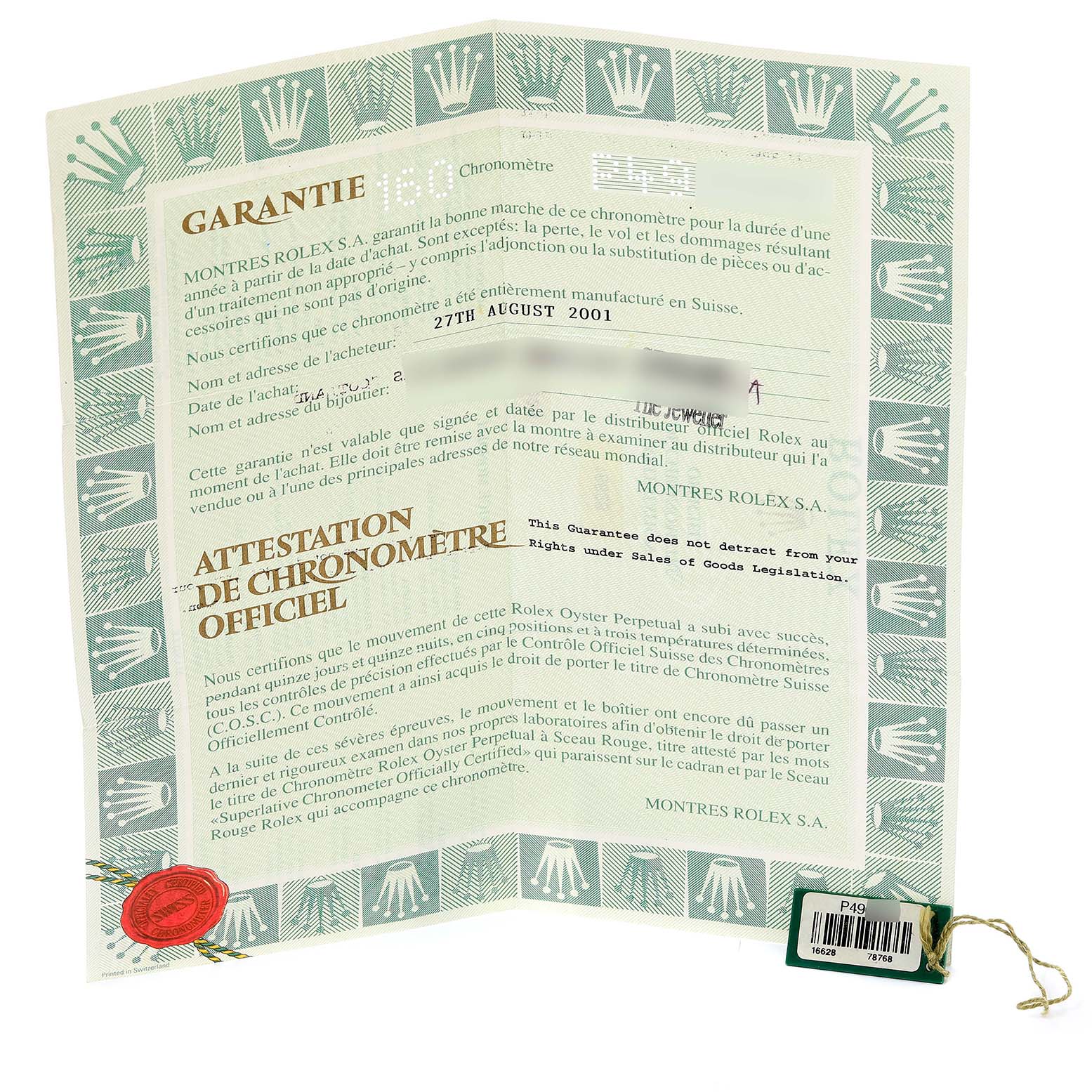 The image shows the official chronometer certificate and guarantee document for a Rolex Yacht-Master 16628 Men's Yellow Gold White Dial 16628 Men's Yellow Gold White Dial watch.