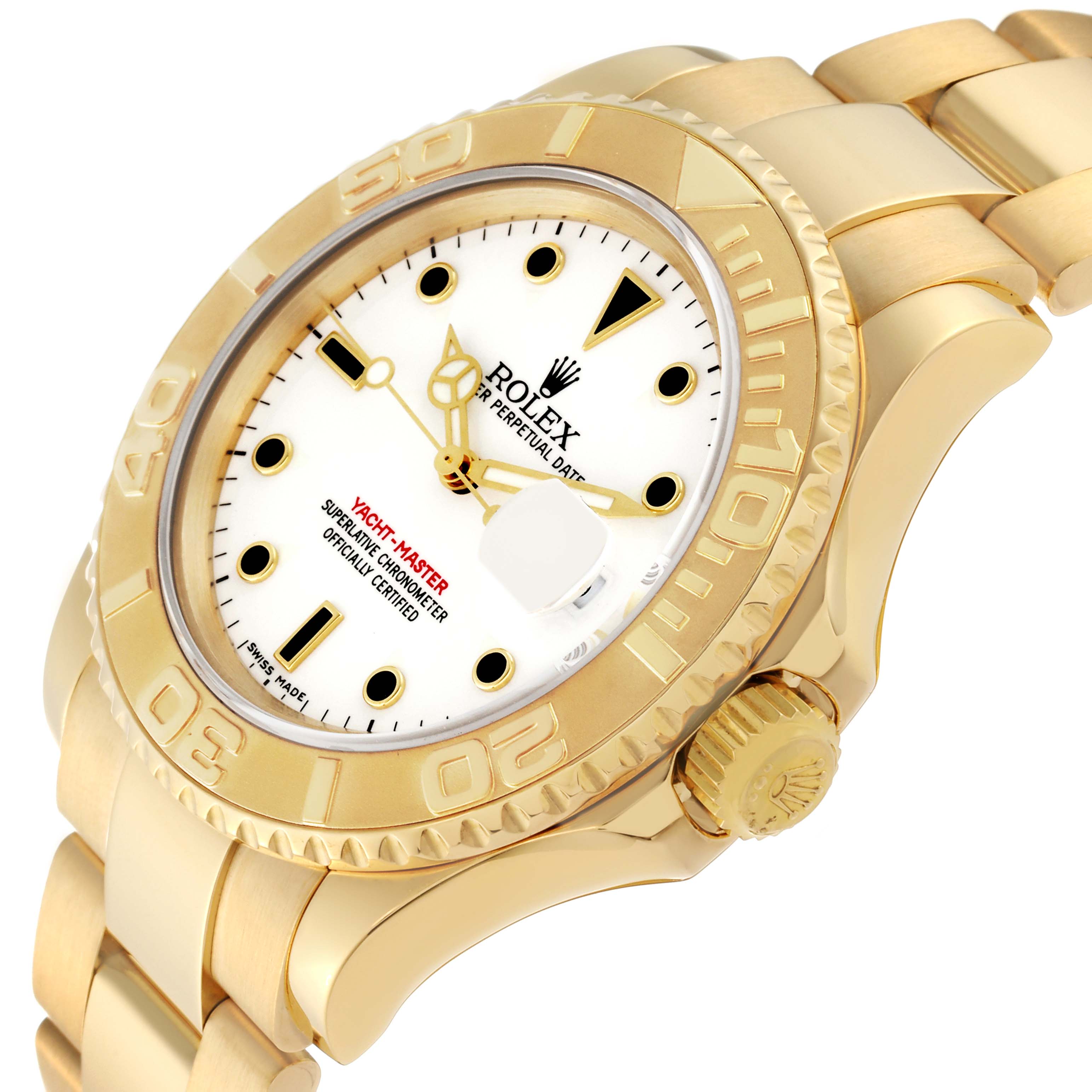 The image shows a close-up angled side view of a Rolex Yacht-Master 16628 Men's Yellow Gold White Dial 16628 Men's Yellow Gold White Dial, featuring its bezel, dial, hands, and part of the bracelet.