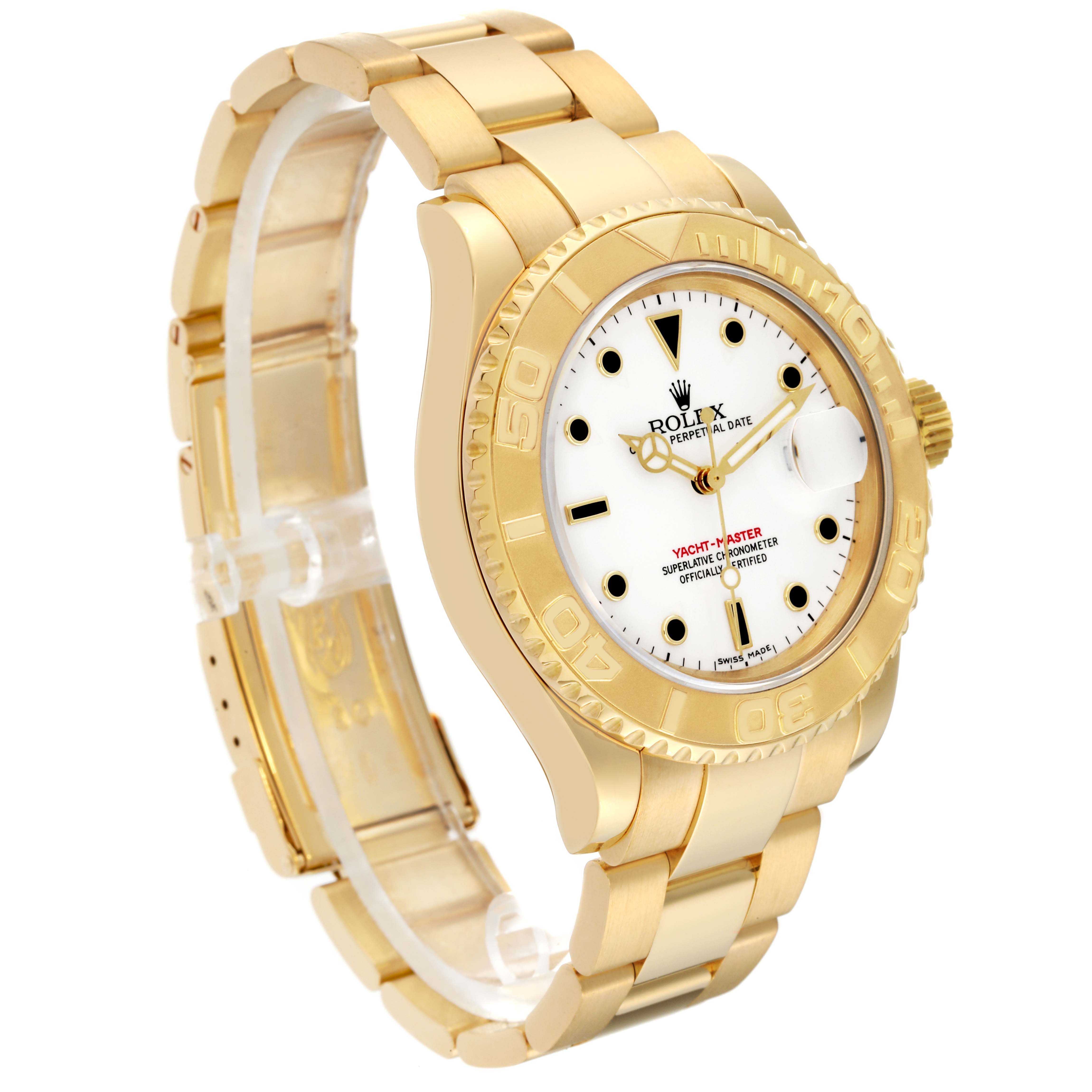 This image shows a side angle of a Rolex Yacht-Master 16628 Men's Yellow Gold White Dial 16628 Men's Yellow Gold White Dial watch, highlighting its gold bracelet, bezel, and dial.