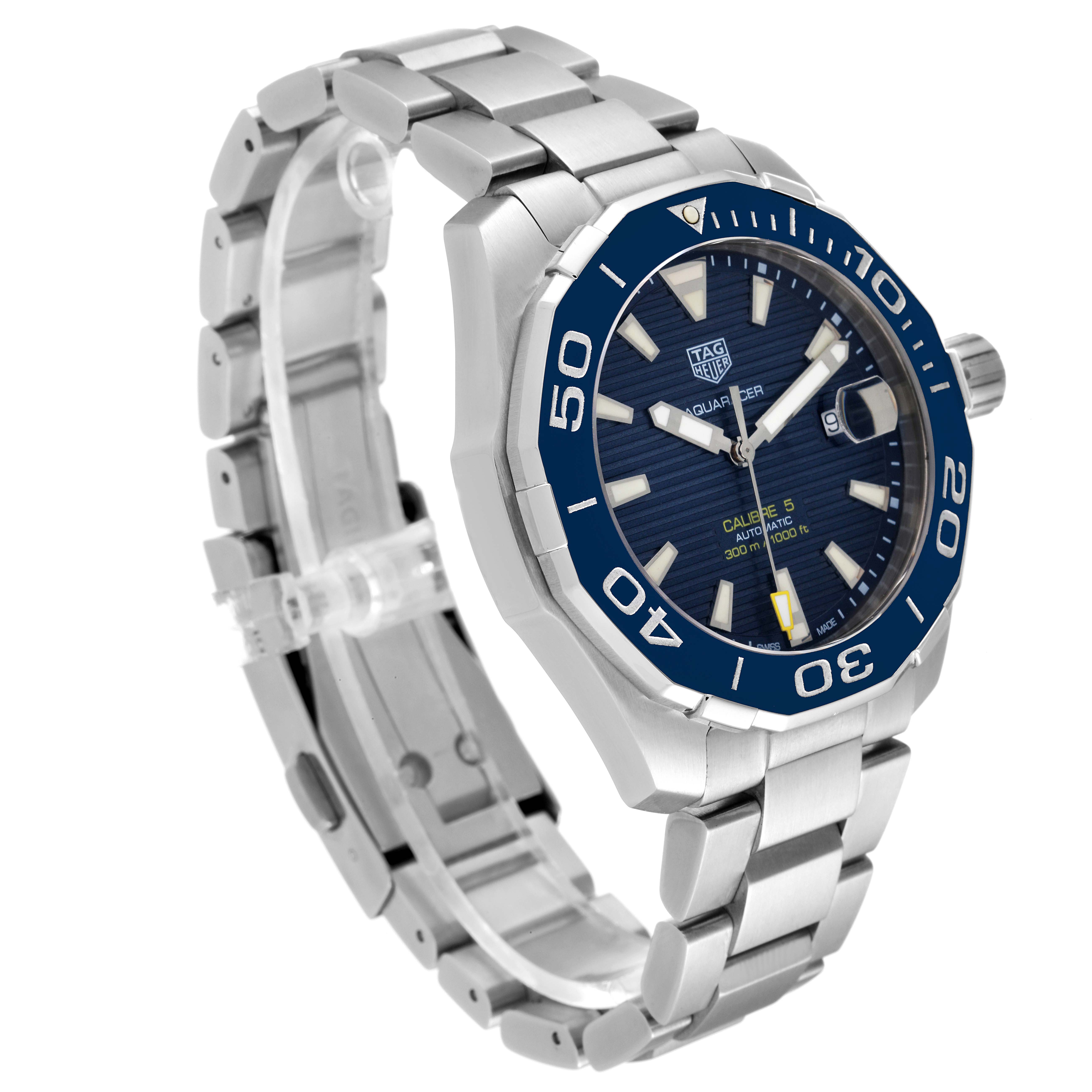 The image shows a Tag Heuer Aquaracer WAY201B Men's Stainless Steel Blue Dial WAY201B Men's Stainless Steel Blue Dial watch at a 3/4 angle, emphasizing its face, bezel, and stainless steel bracelet.