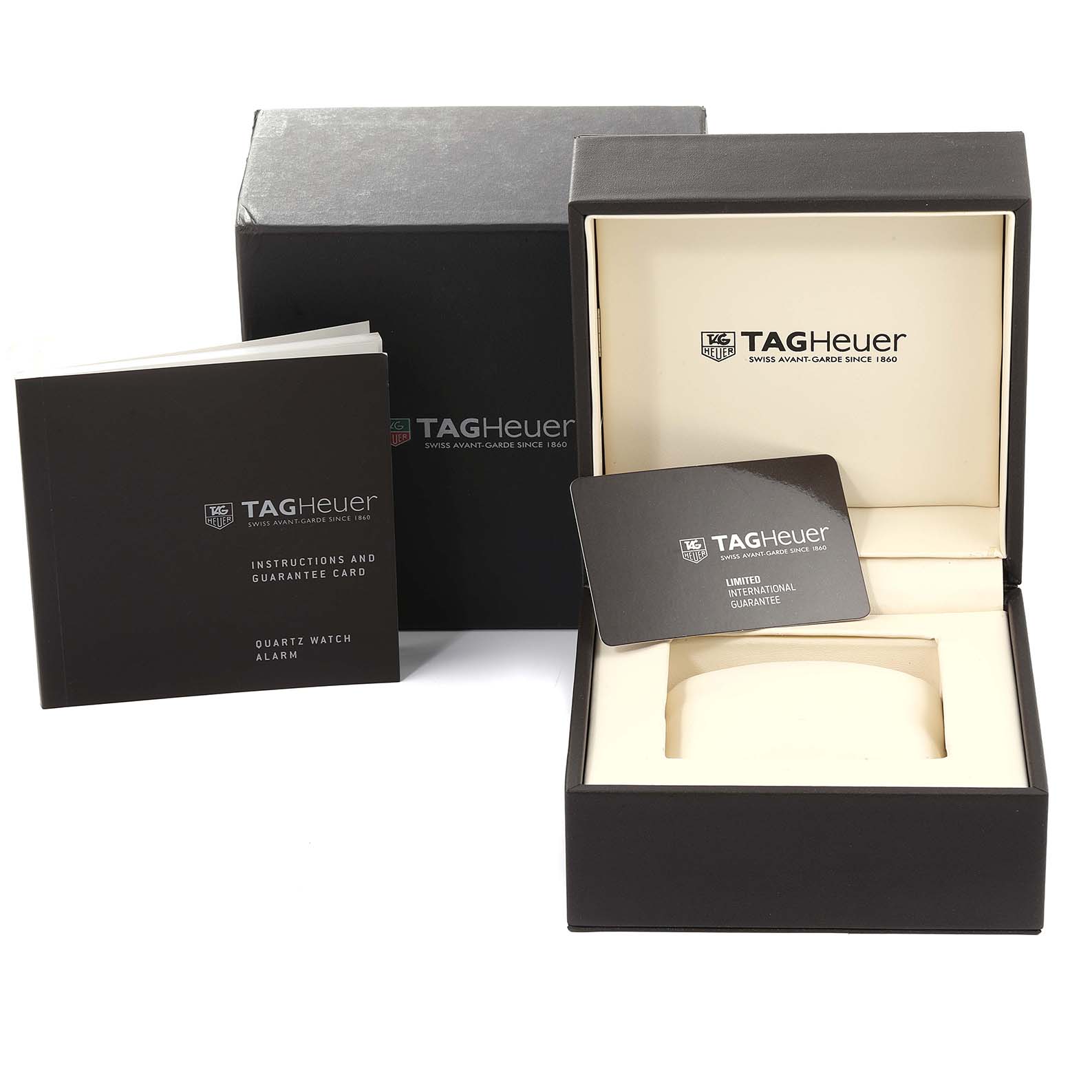 The image shows the box, instruction manual, and guarantee card for a Tag Heuer Aquaracer WAY201B Men's Stainless Steel Blue Dial WAY201B Men's Stainless Steel Blue Dial watch.