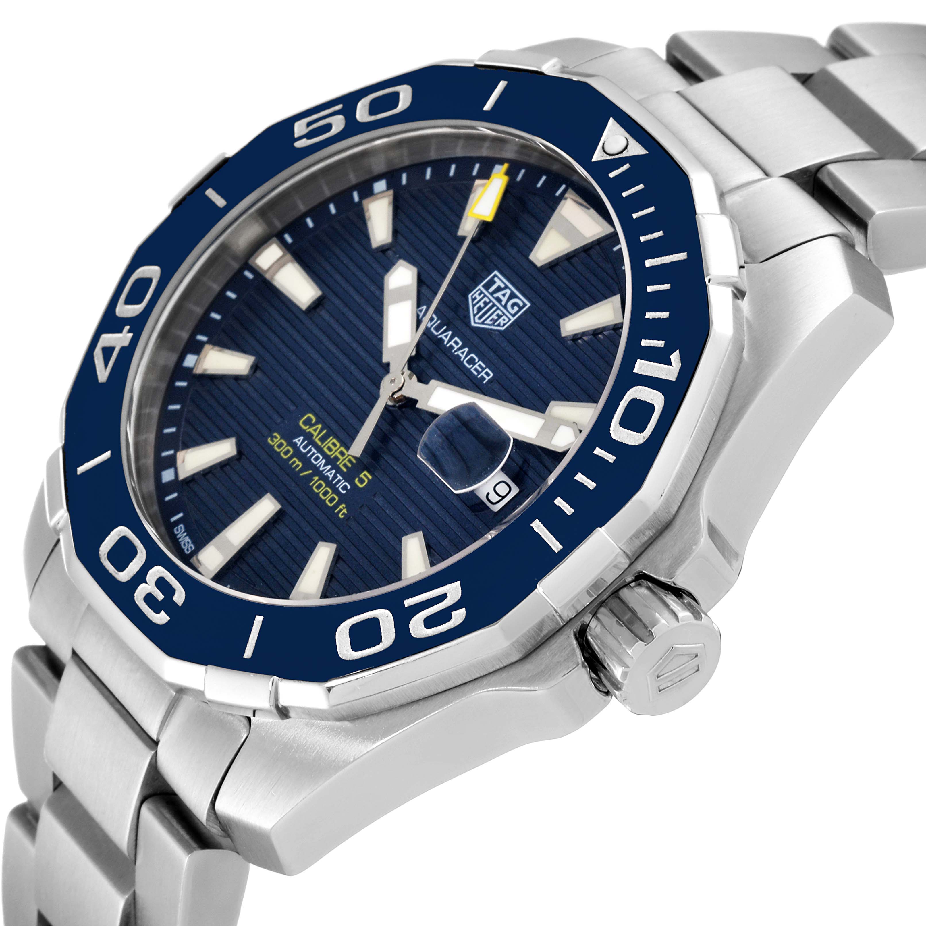 This image shows a close-up of a Tag Heuer Aquaracer WAY201B Men's Stainless Steel Blue Dial WAY201B Men's Stainless Steel Blue Dial watch, highlighting its face, bezel, and stainless steel bracelet.