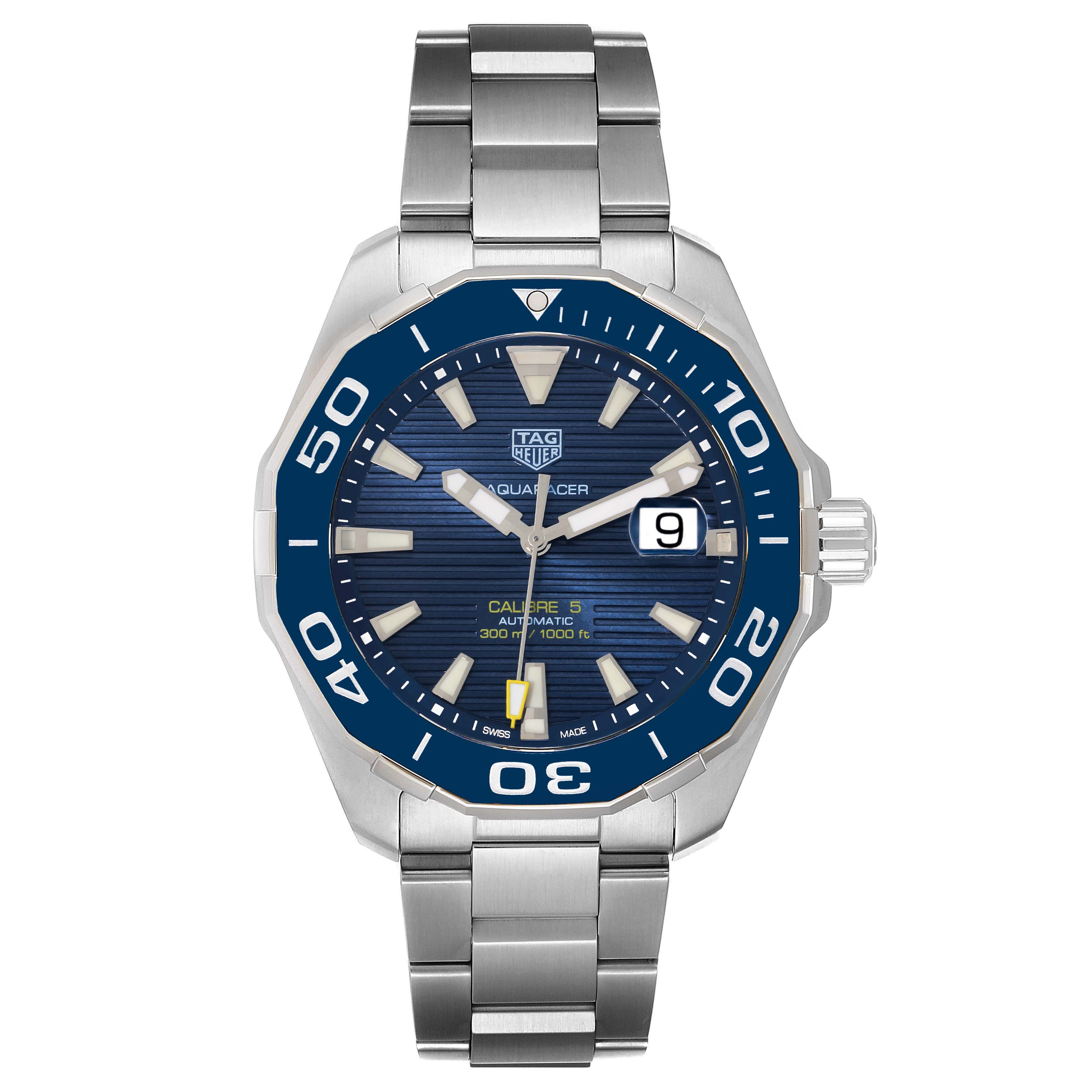 This image shows a front view of a Tag Heuer Aquaracer WAY201B Men's Stainless Steel Blue Dial WAY201B Men's Stainless Steel Blue Dial watch, highlighting the dial, bezel, and bracelet.