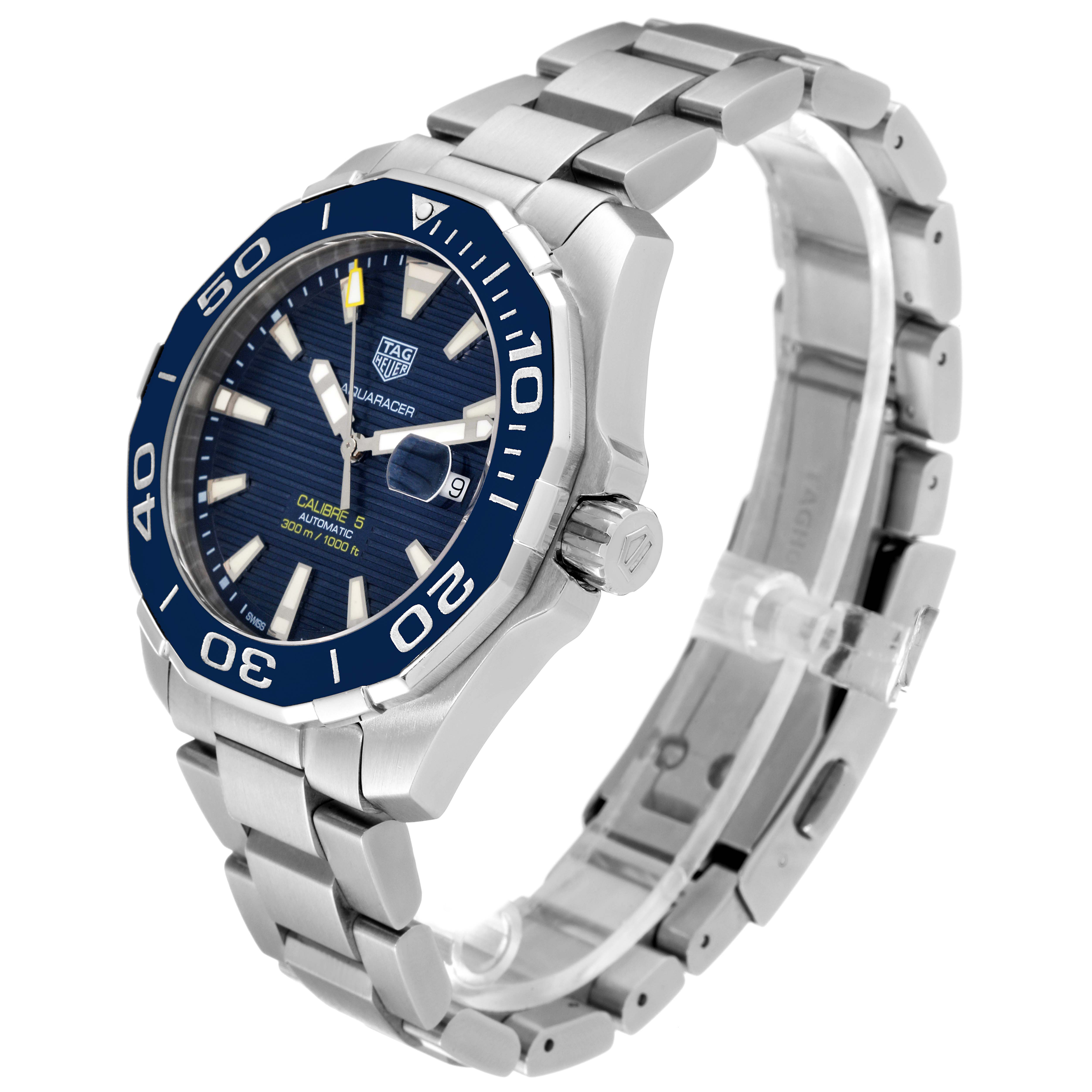 The image shows a side and front angle of the Tag Heuer Aquaracer WAY201B Men's Stainless Steel Blue Dial WAY201B Men's Stainless Steel Blue Dial watch, highlighting its face, bezel, and bracelet.