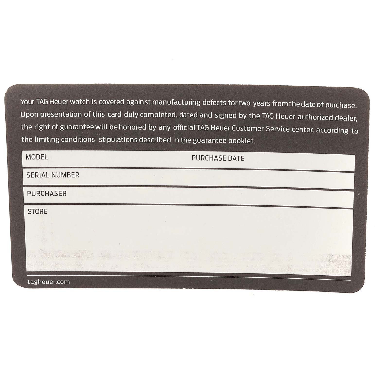 The image shows a warranty card for the Tag Heuer Aquaracer WAY201B Men's Stainless Steel Blue Dial WAY201B Men's Stainless Steel Blue Dial watch model, displayed from a top-down angle.