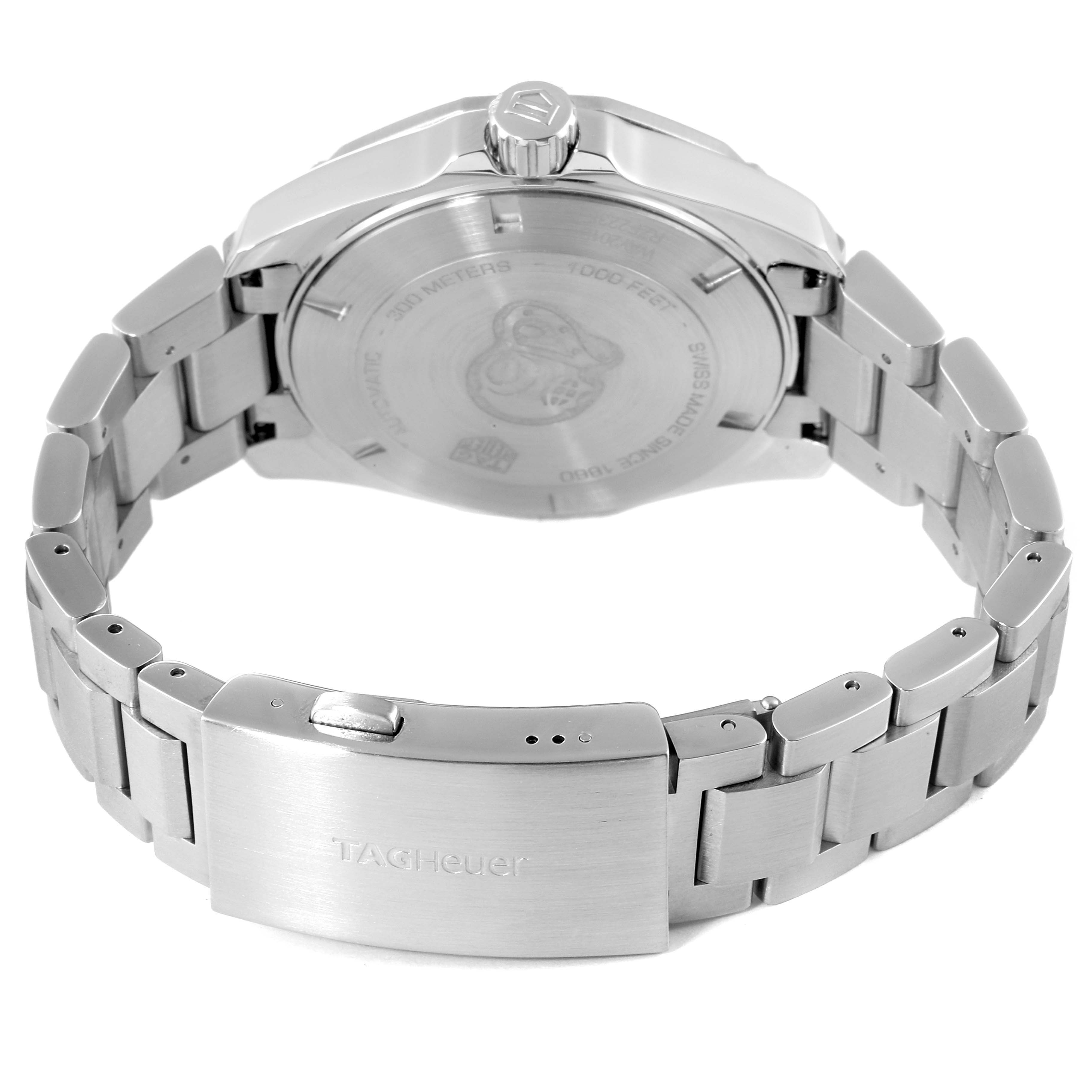 This image shows the back case and clasp of the Tag Heuer Aquaracer WAY201B Men's Stainless Steel Blue Dial WAY201B Men's Stainless Steel Blue Dial watch from an angled rear view.