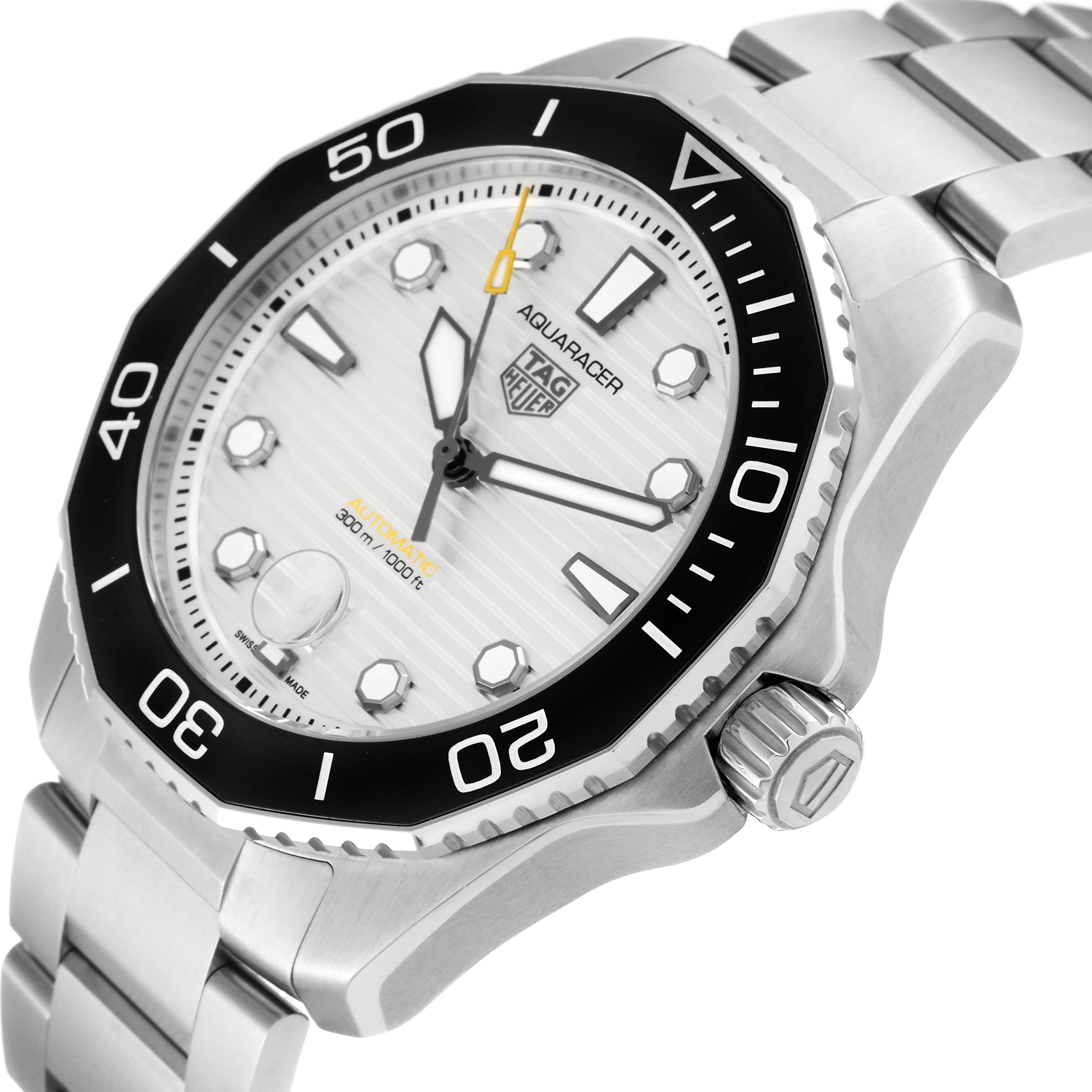 This image shows a Tag Heuer Aquaracer WBP201C Men's Stainless Steel Silver Dial WBP201C Men's Stainless Steel Silver Dial watch at a slight angle, highlighting the face, bezel, and part of the metal wristband.