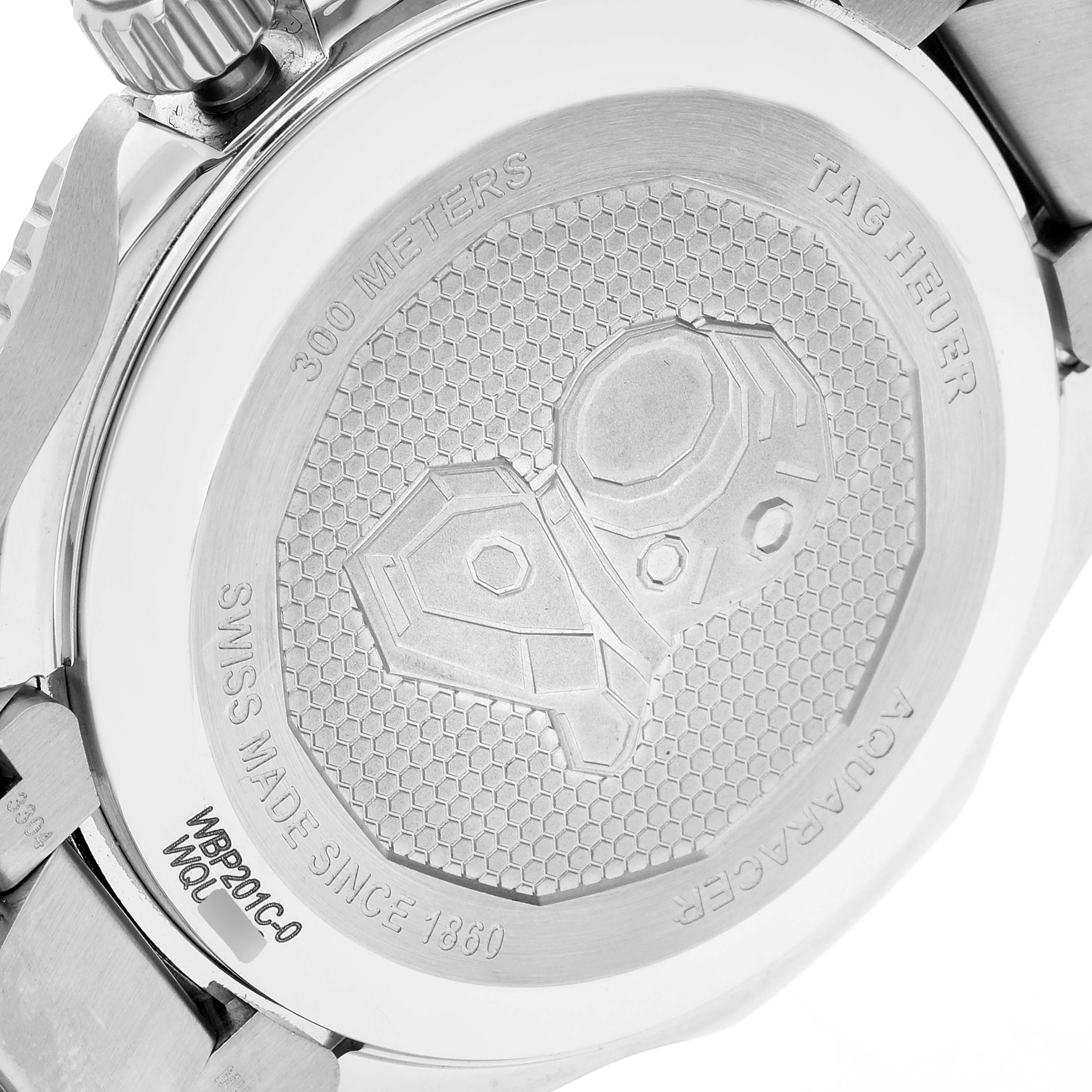 This image shows the back case of the Tag Heuer Aquaracer WBP201C Men's Stainless Steel Silver Dial WBP201C Men's Stainless Steel Silver Dial watch, highlighting the engraved design and specifications.