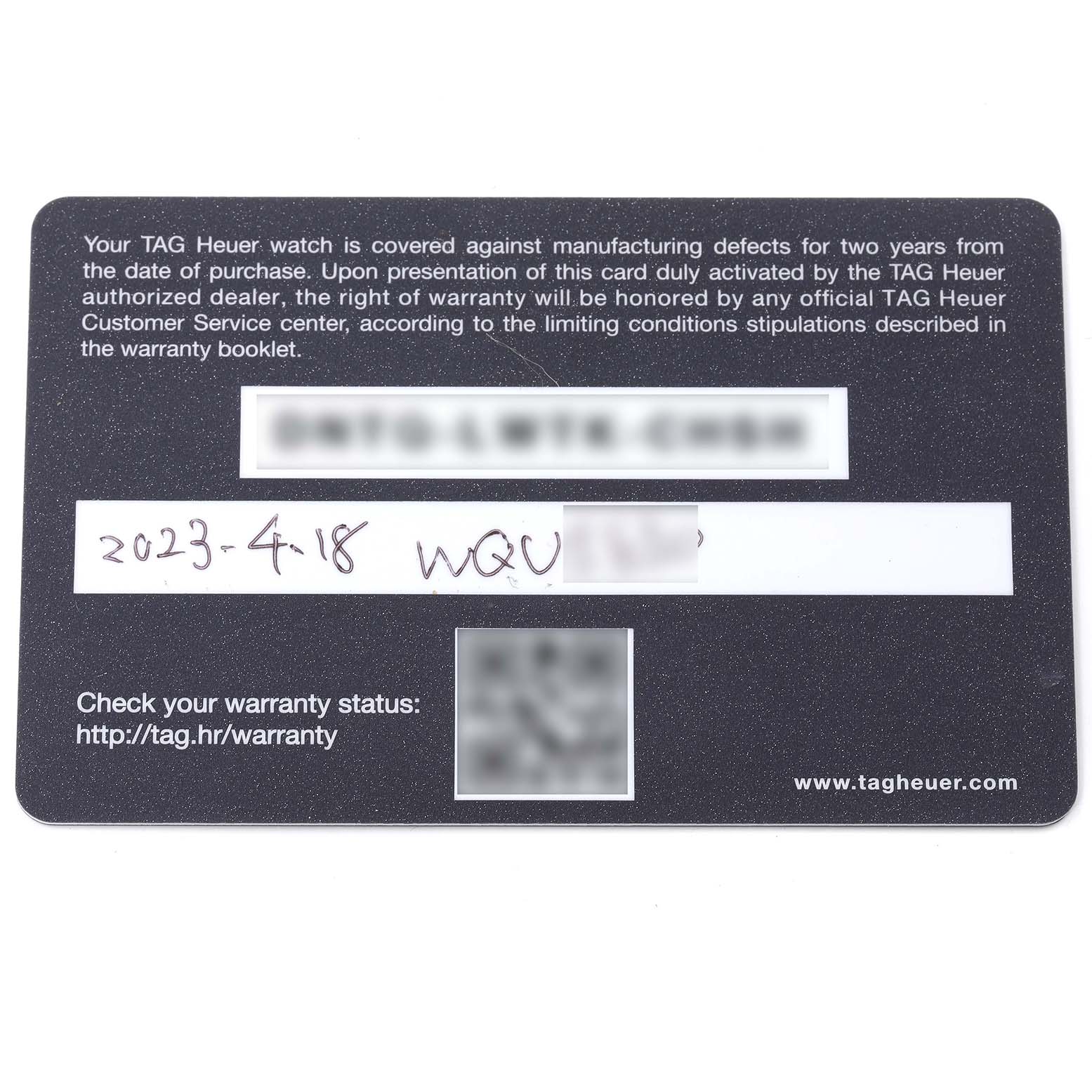 This image shows the warranty card for a Tag Heuer Aquaracer WBP201C Men's Stainless Steel Silver Dial WBP201C Men's Stainless Steel Silver Dial watch.
